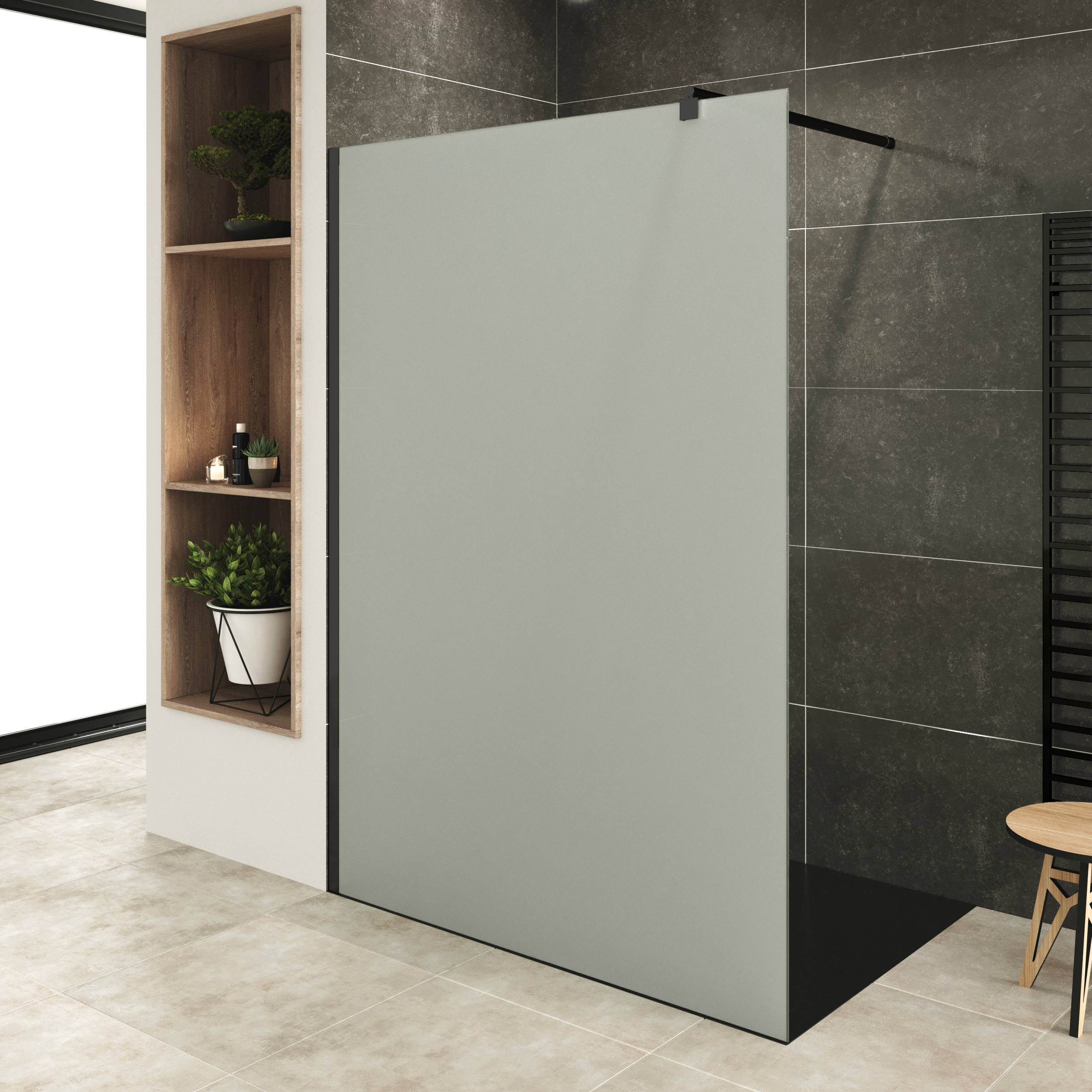 Walk-In Shower Fiona made of 10 mm thick satin-finished ESG safety glass with a black aluminum profile.