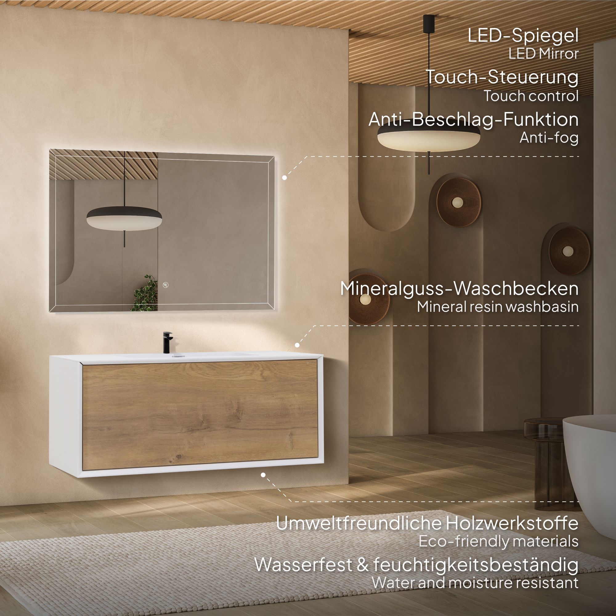 Badmöbelset Hebe 90 cm – Weiß Matt & Eiche, Mineralguss-Waschbecken & LED-Antibeschlag-Spiegel