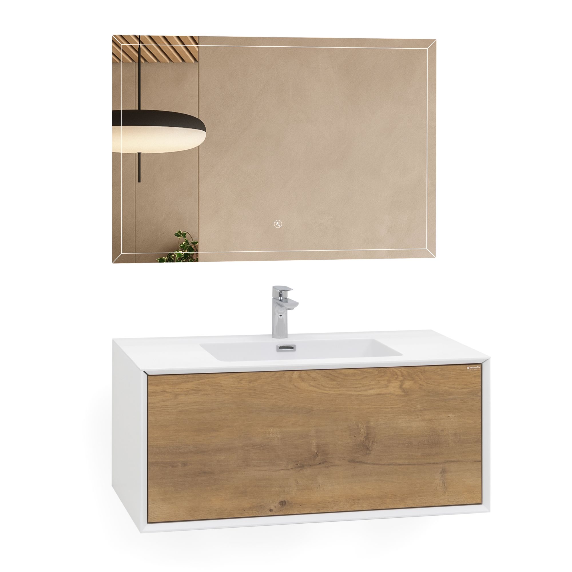 Badmöbelset Hebe 90 cm – Weiß Matt & Eiche, Mineralguss-Waschbecken & LED-Antibeschlag-Spiegel