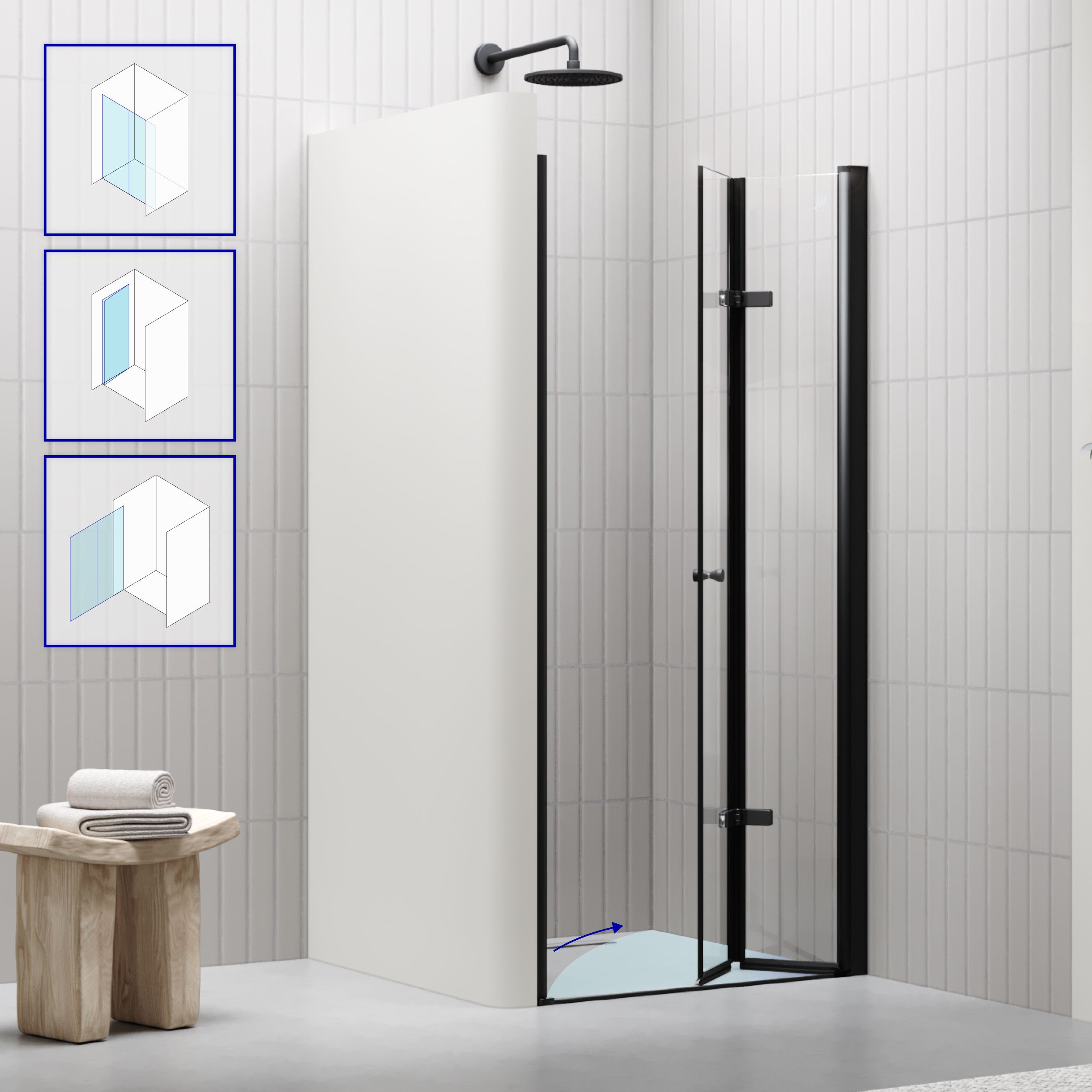 Shower Door Mila with Folding Door made of Clear ESG Safety Glass BLACK EDITION