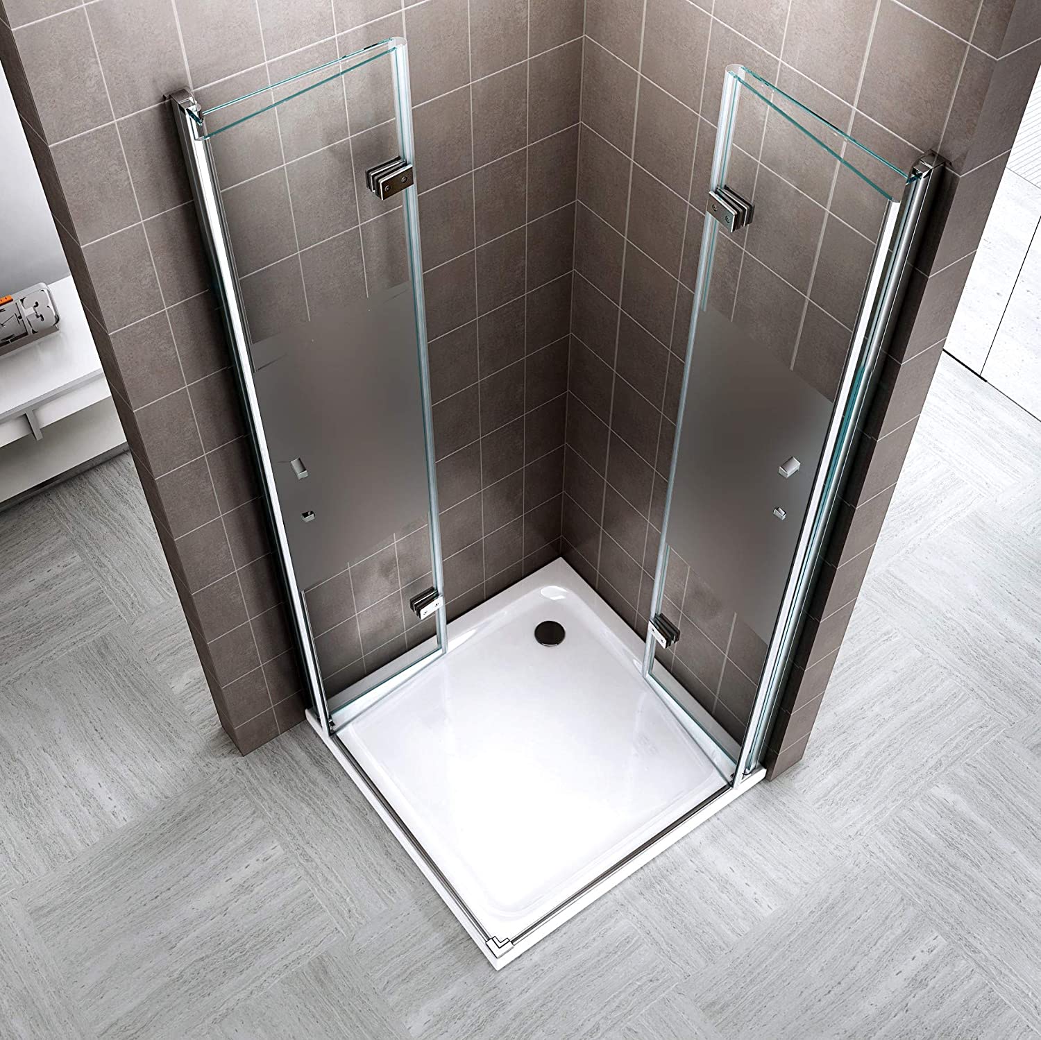 Corner entry Matilde with folding doors made of partially frosted ESG safety glass.
