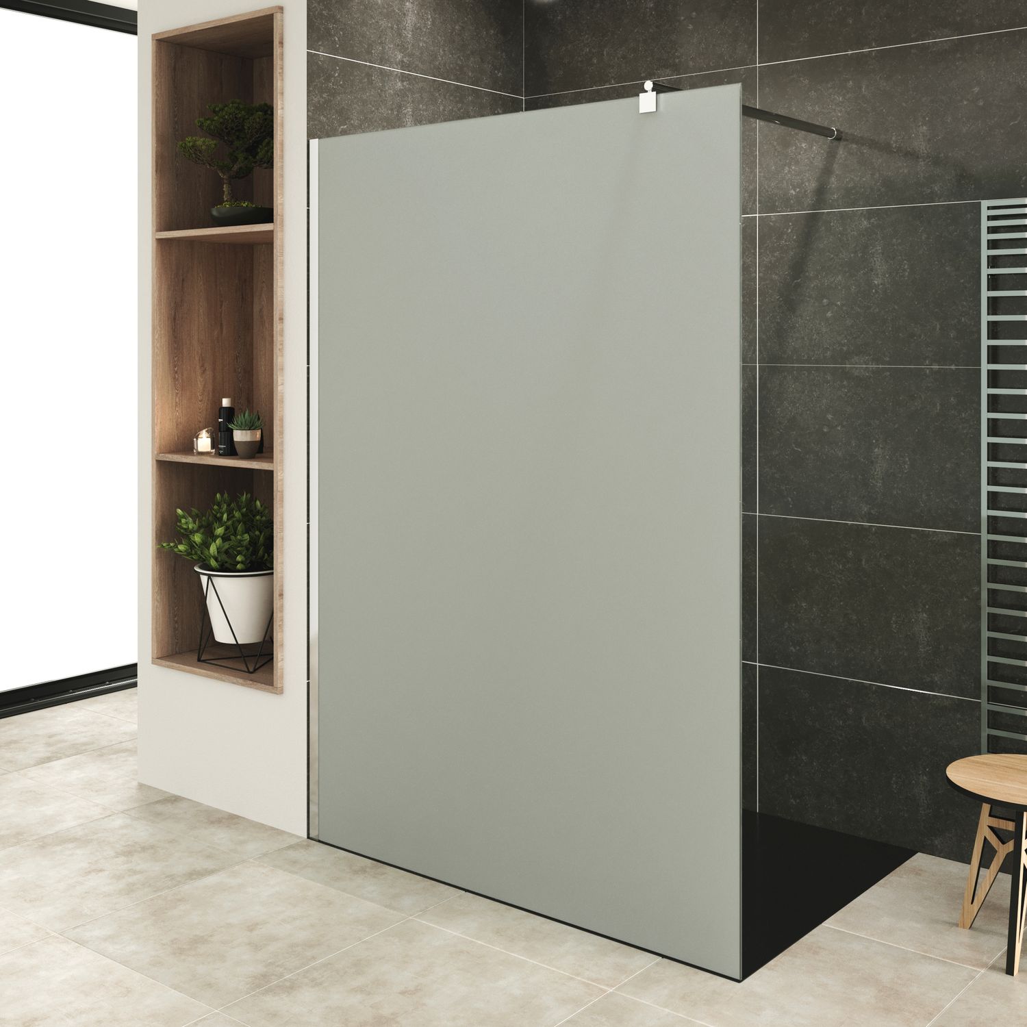Walk-In Shower Fiona made of 10 mm thick frosted ESG safety glass and stainless steel profile.