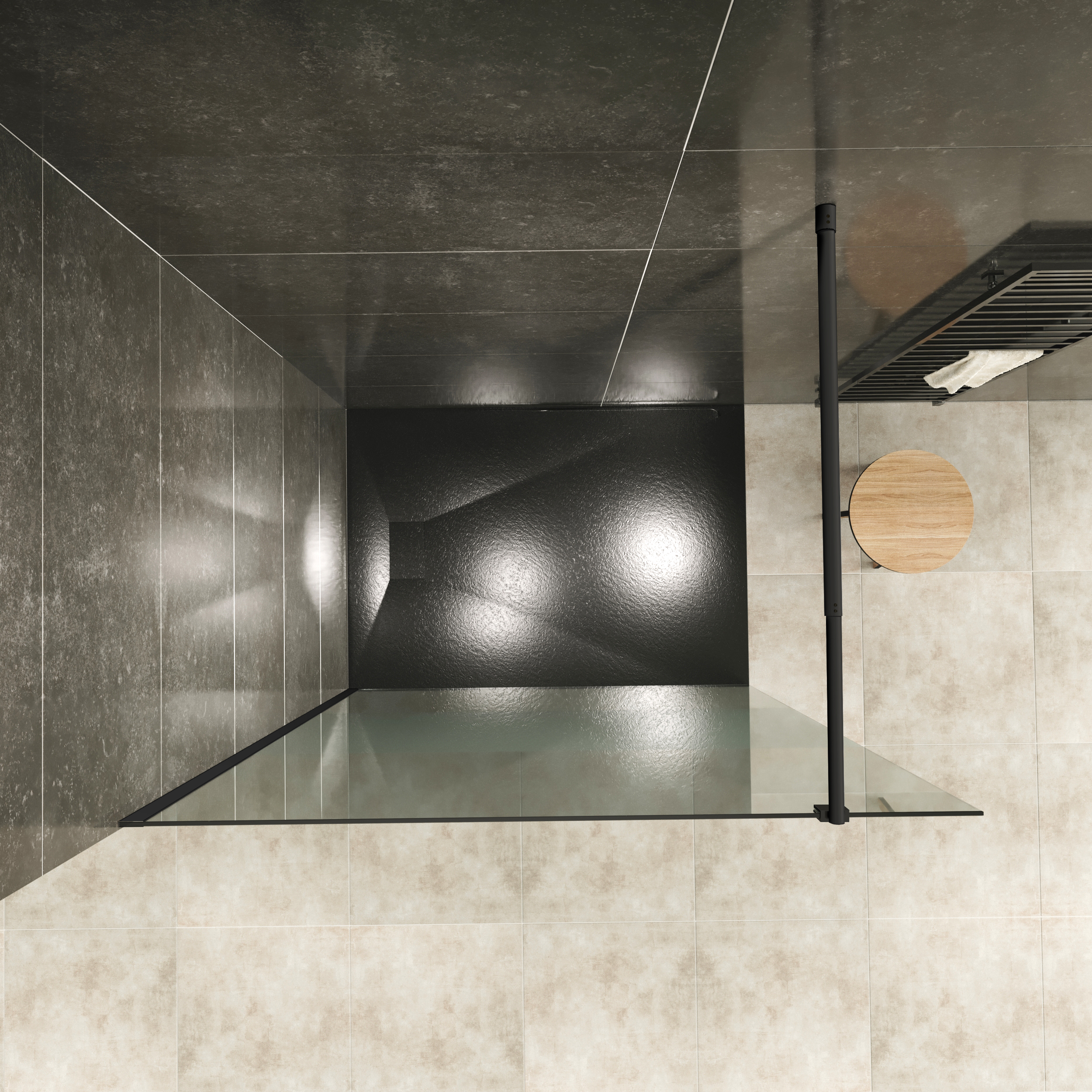 Walk-In Shower Fiona made of 10 mm thick partially frosted ESG safety glass and black aluminum profile.