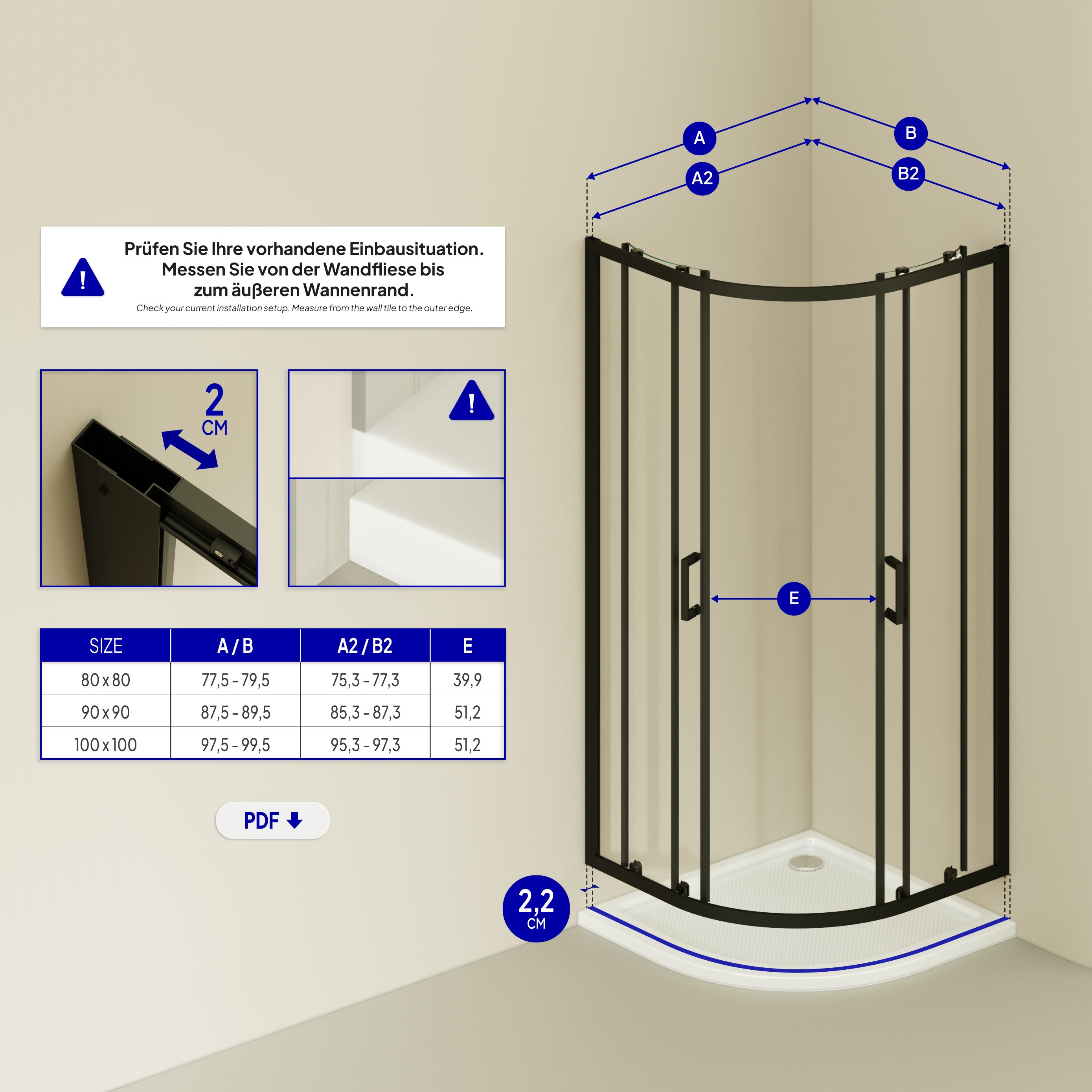 Quarter Circle Shower Ella with Sliding Doors and Black Profiles Made of ESG Safety Glass