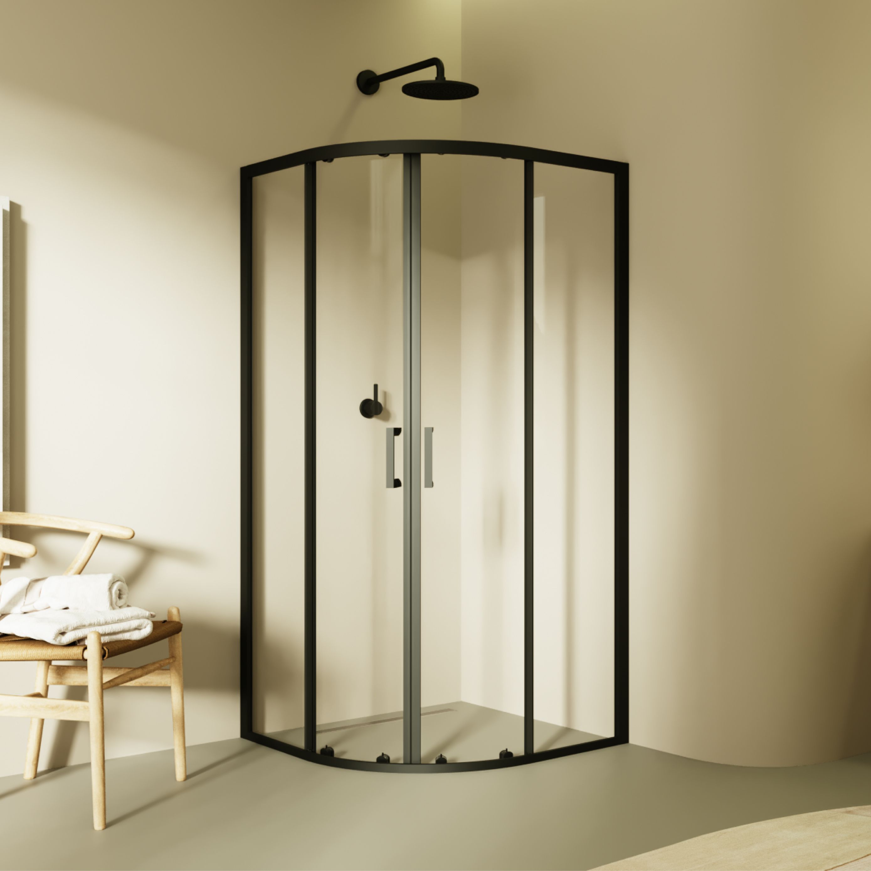 Quarter Circle Shower Ella with Sliding Doors and Black Profiles Made of ESG Safety Glass