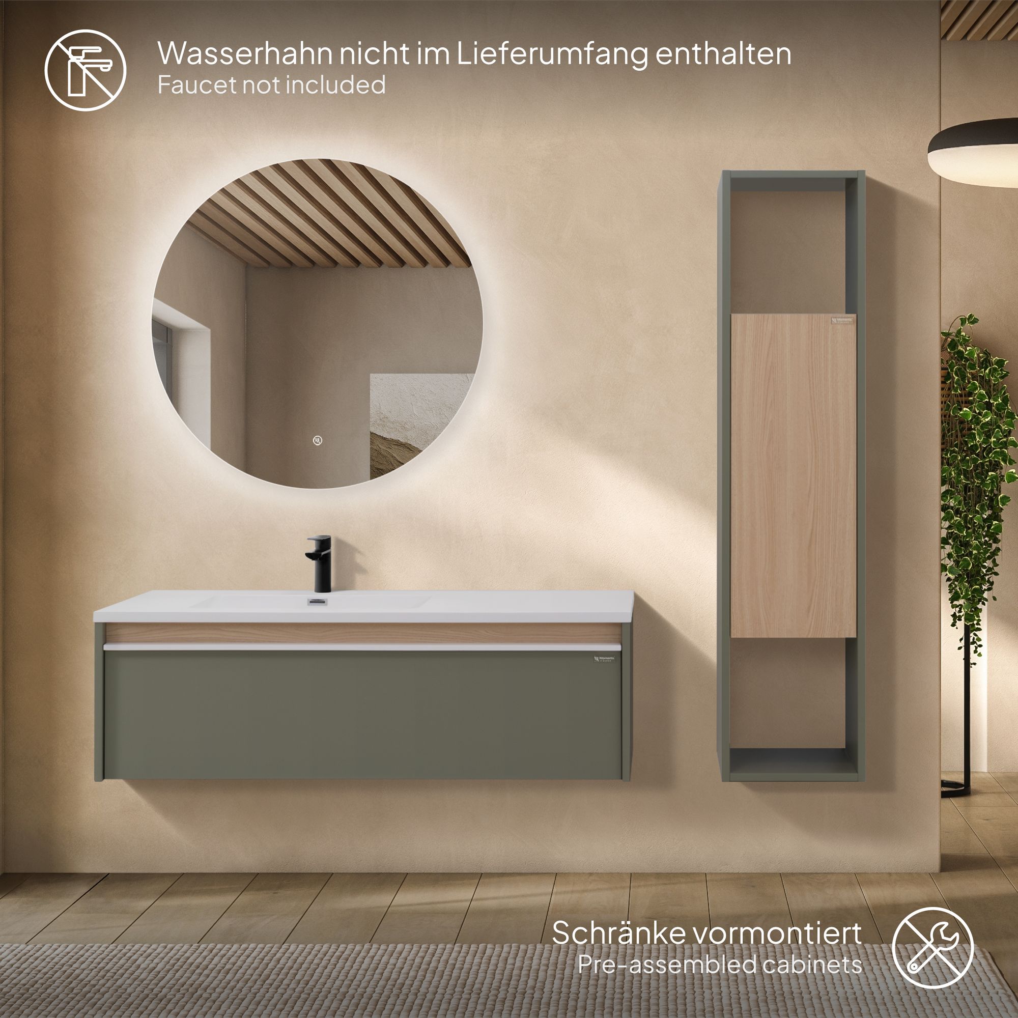 Badezimmermöbel Nereia – 100 cm Unterschrank Eiche hell + LED-Rundspiegel