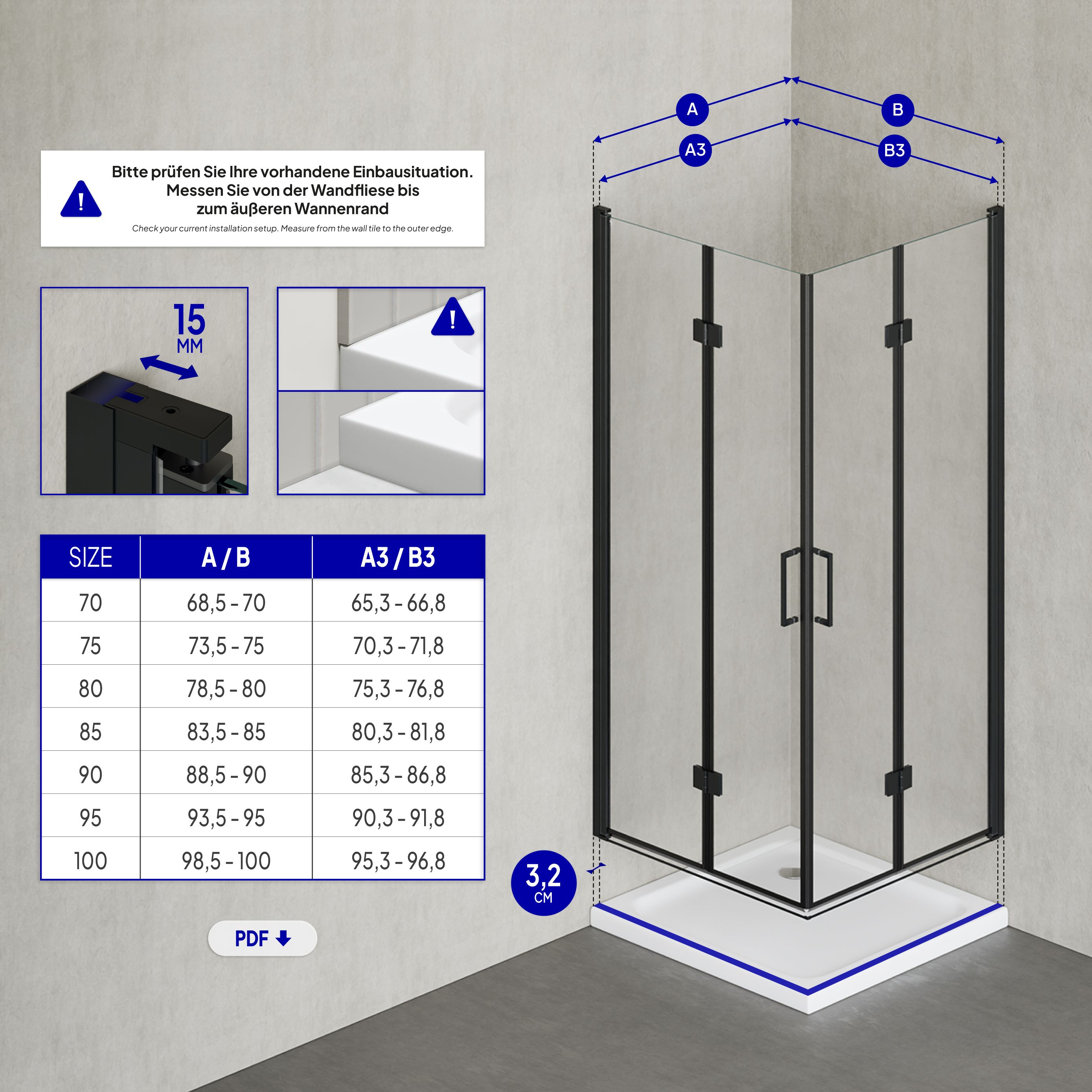 Corner entry Belle with folding doors and black profiles made of ESG safety glass.