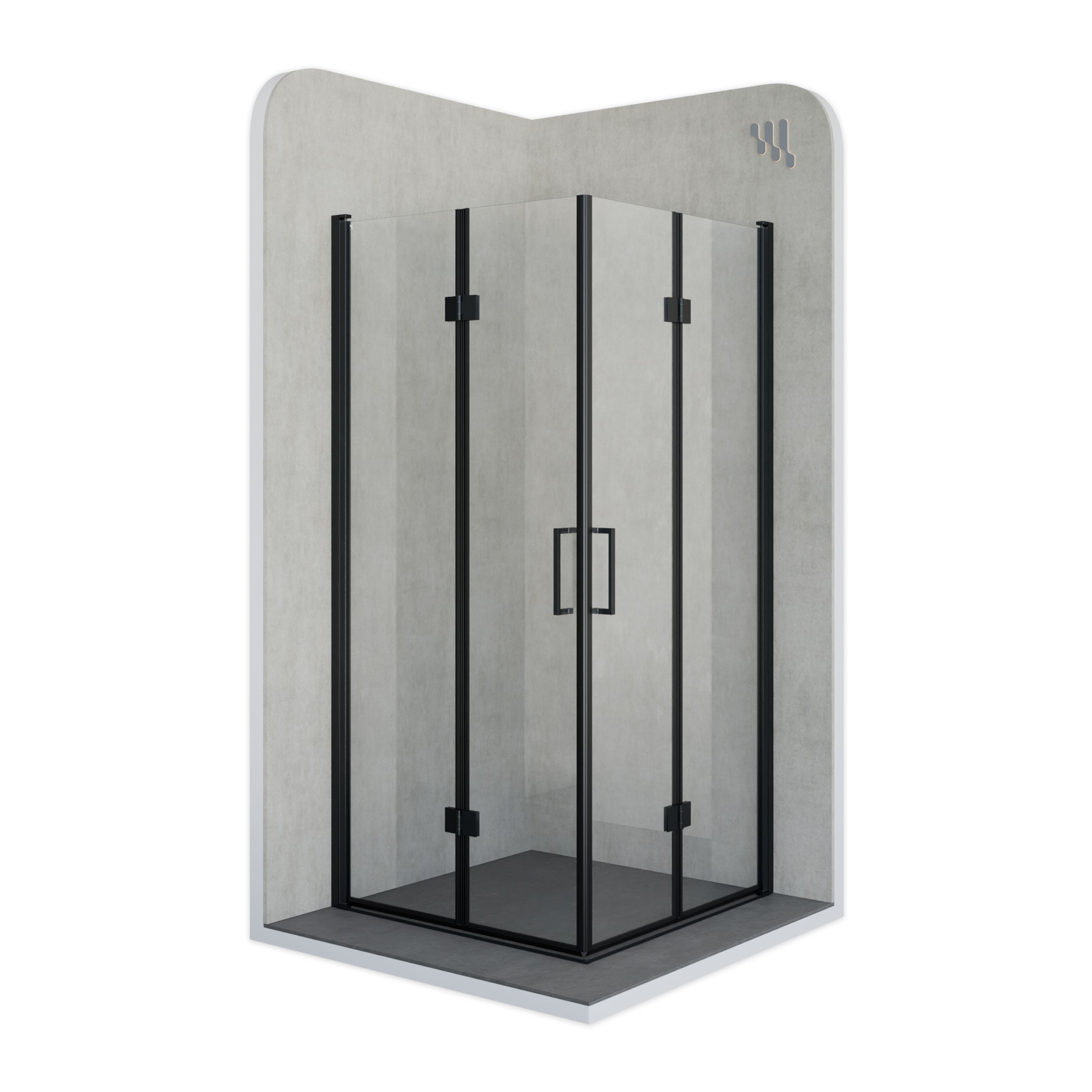 Corner entry Belle with folding doors and black profiles made of ESG safety glass.