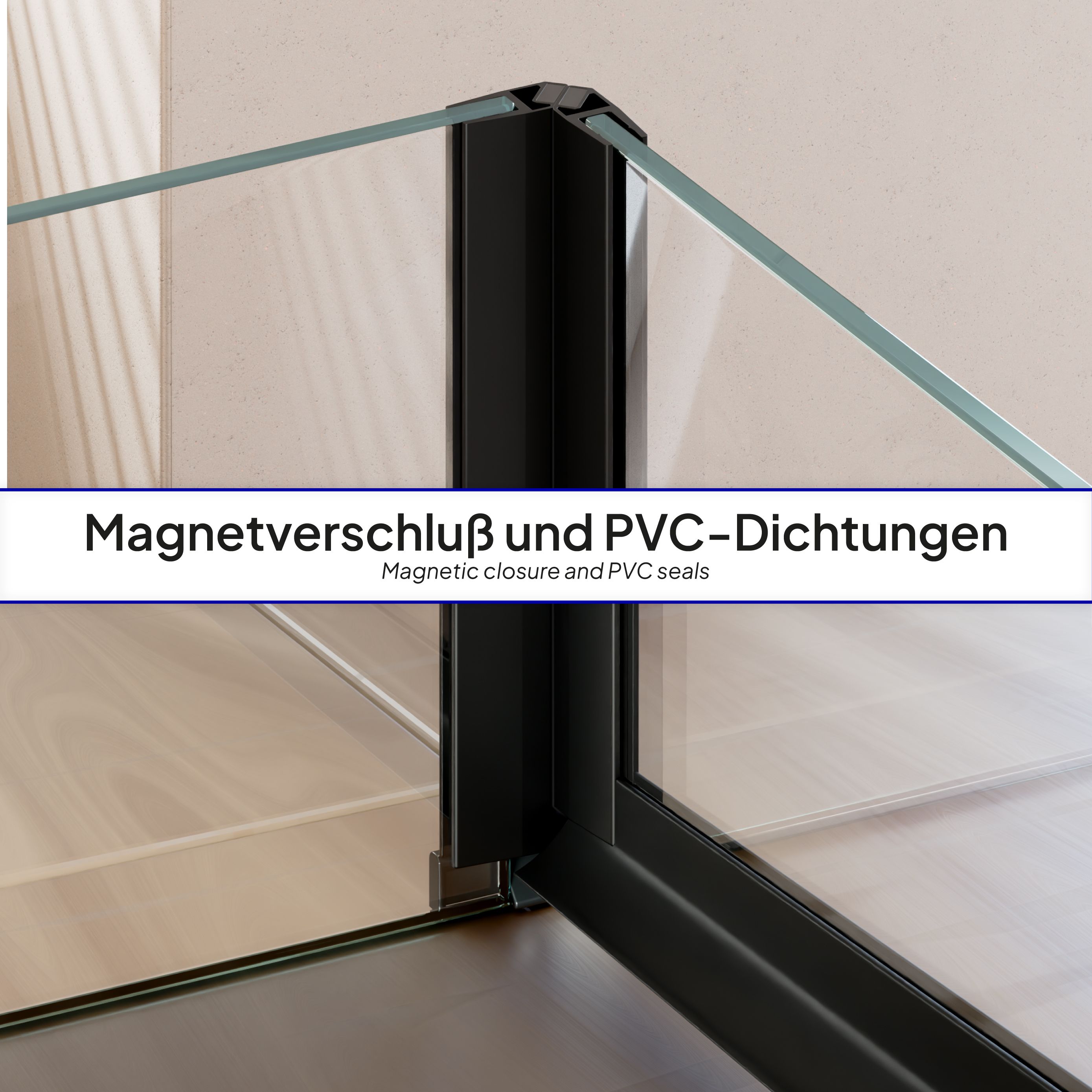 Front-entry Hellen with folding door and black profiles made of ESG safety glass.