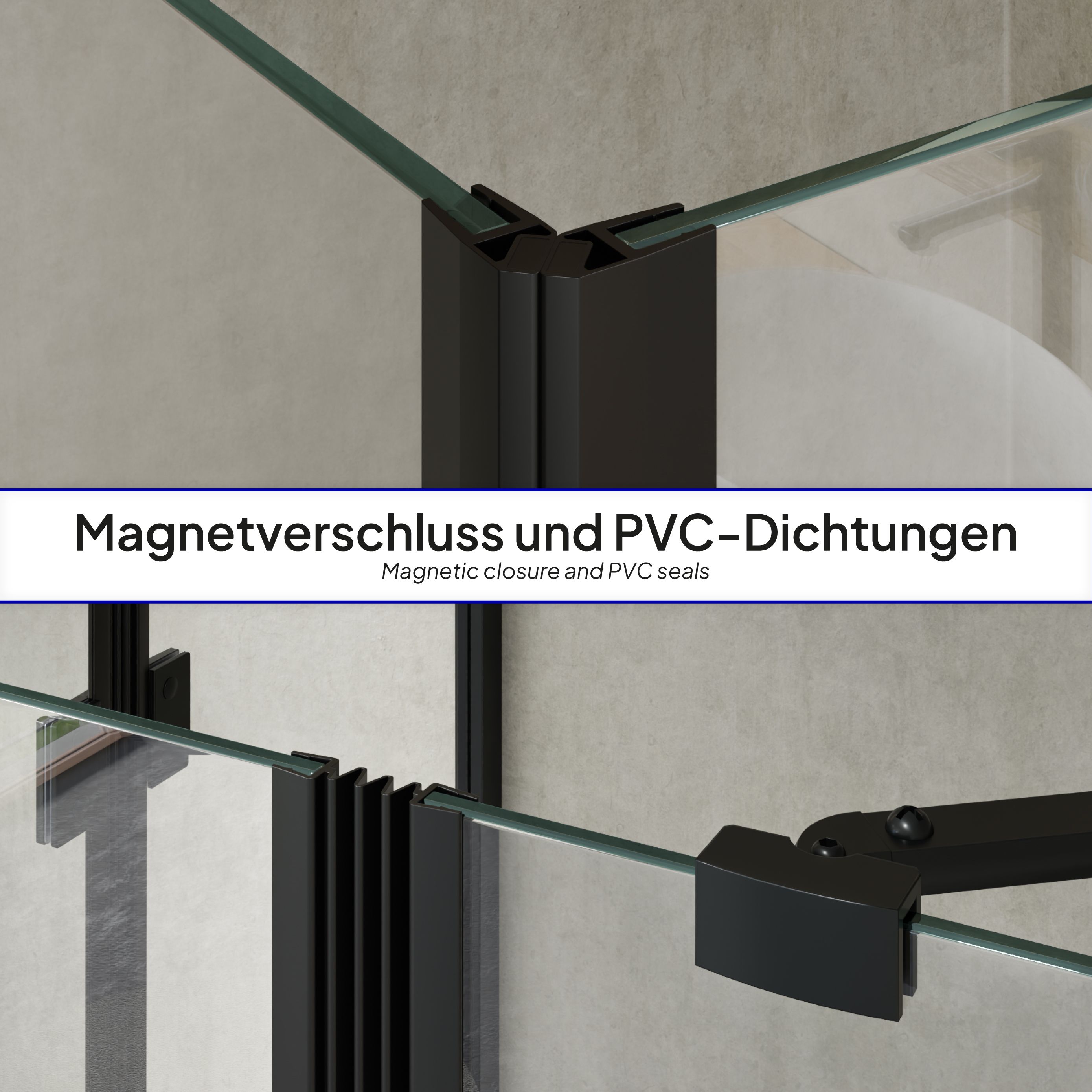 Corner entry Celine with folding doors and black profiles made of ESG safety glass.