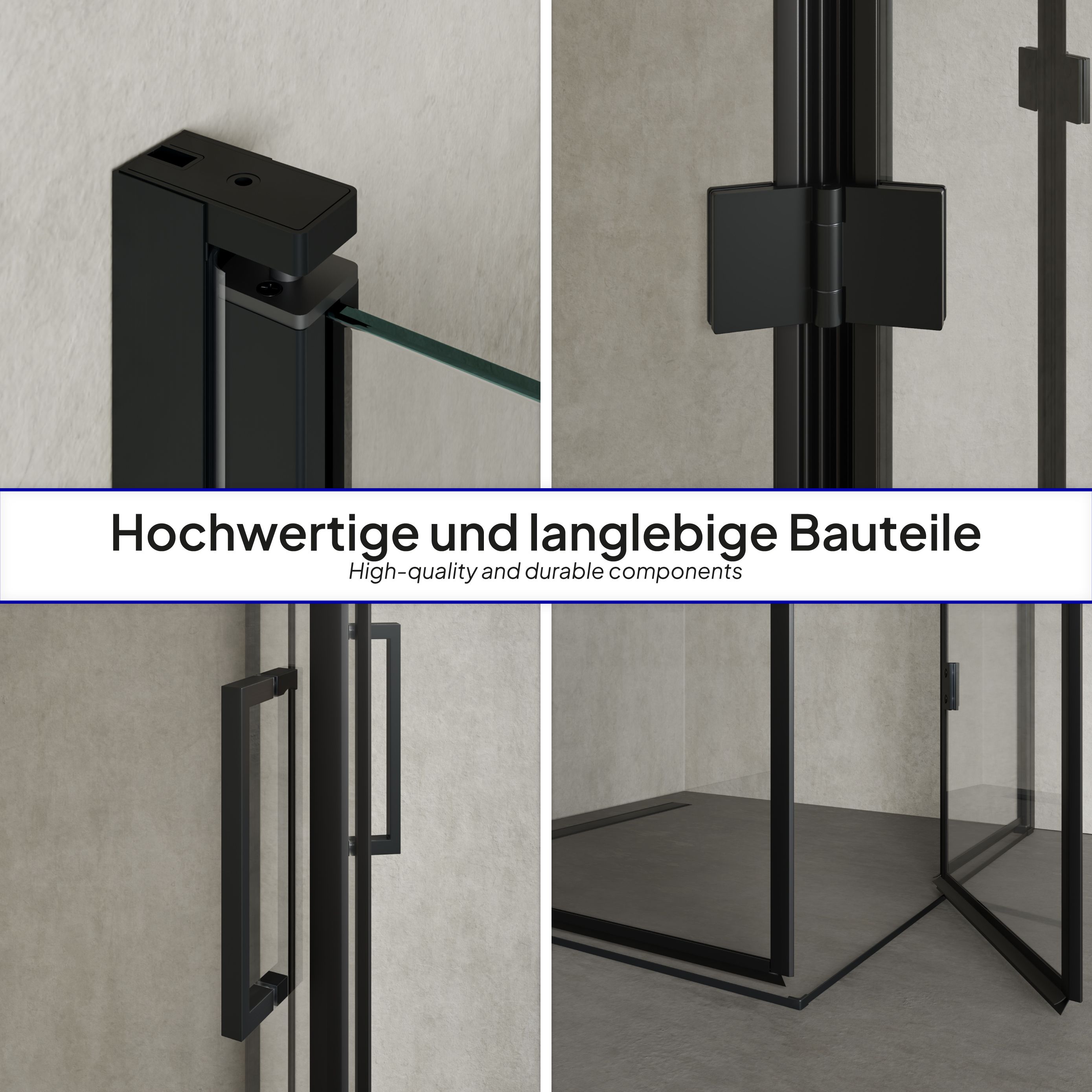 Corner entry Belle with folding doors and black profiles made of ESG safety glass.