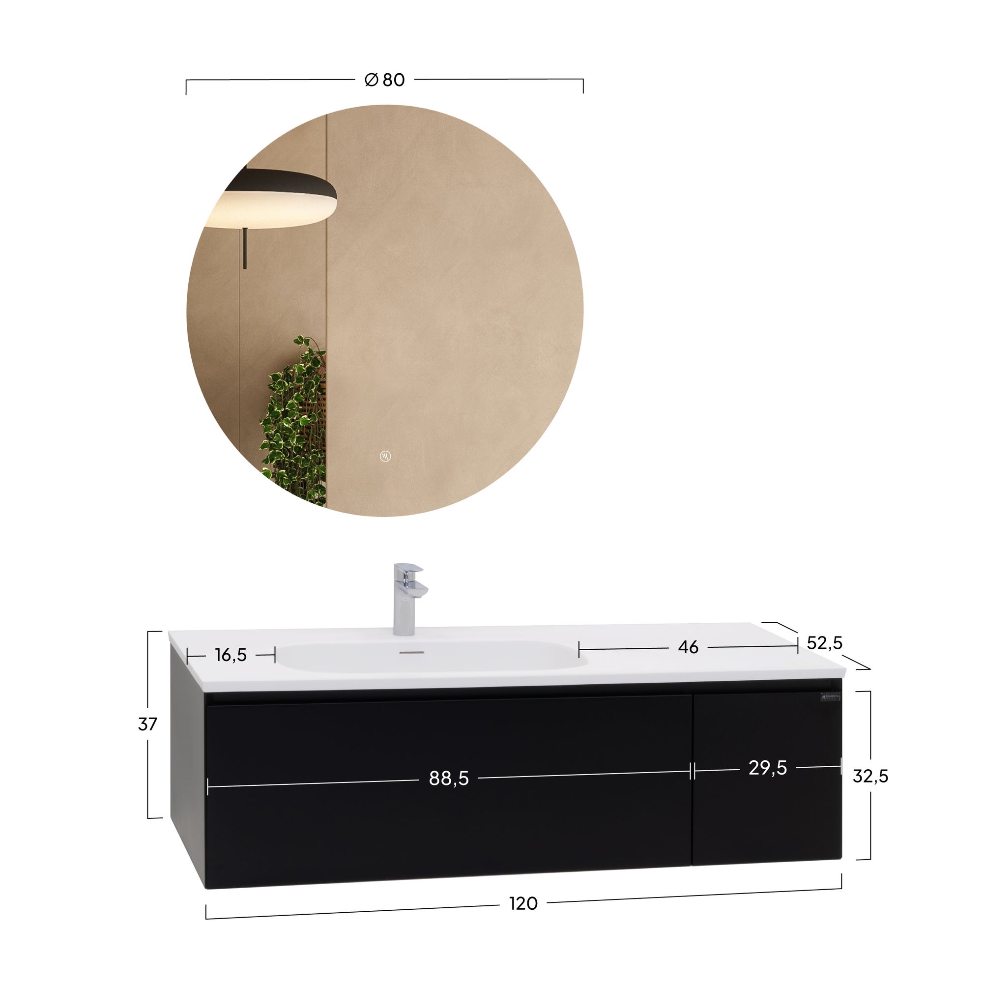 adezimmermöbel Dafne – 120 cm Schwarz Matt, Softclose & runder LED-Spiegel