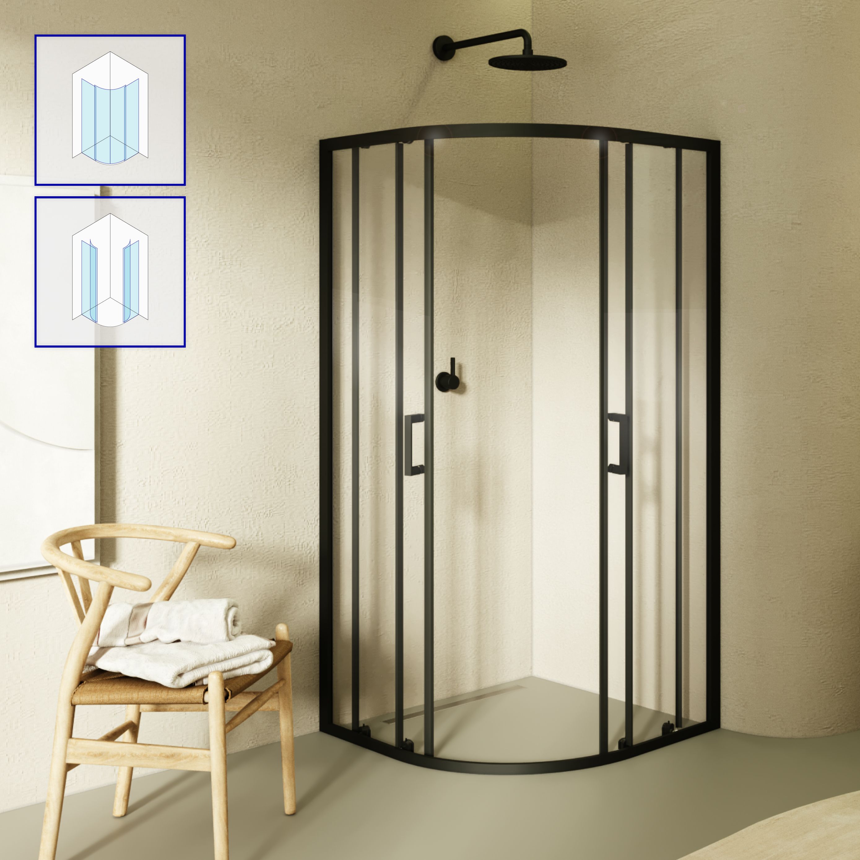 Quarter Circle Shower Ella with Sliding Doors and Black Profiles Made of ESG Safety Glass