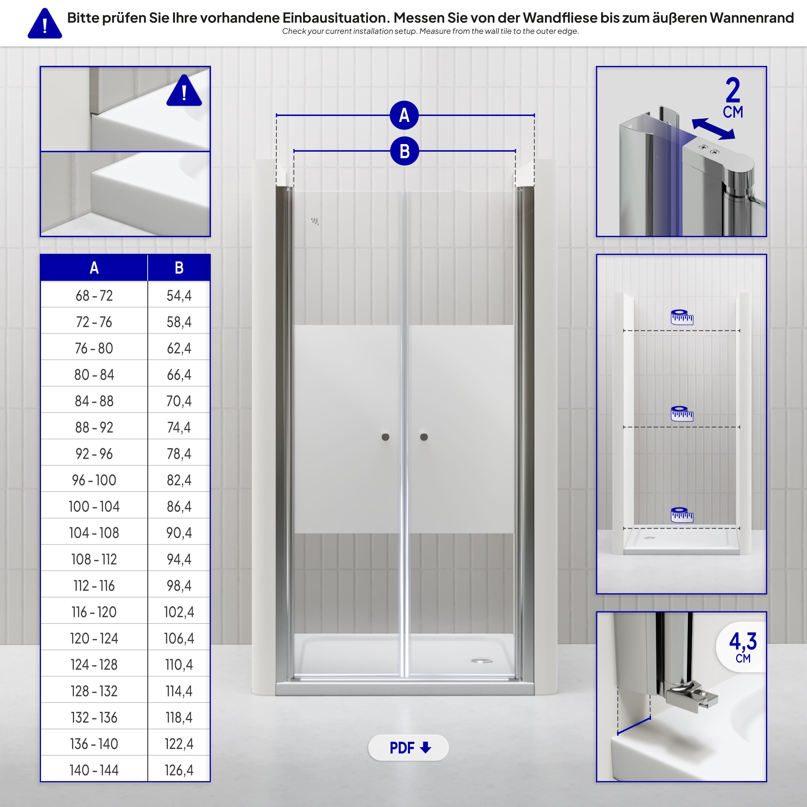 Shower Door Lima with Hinged Doors 68-140 cm made of Partially Frosted ESG Safety Glass