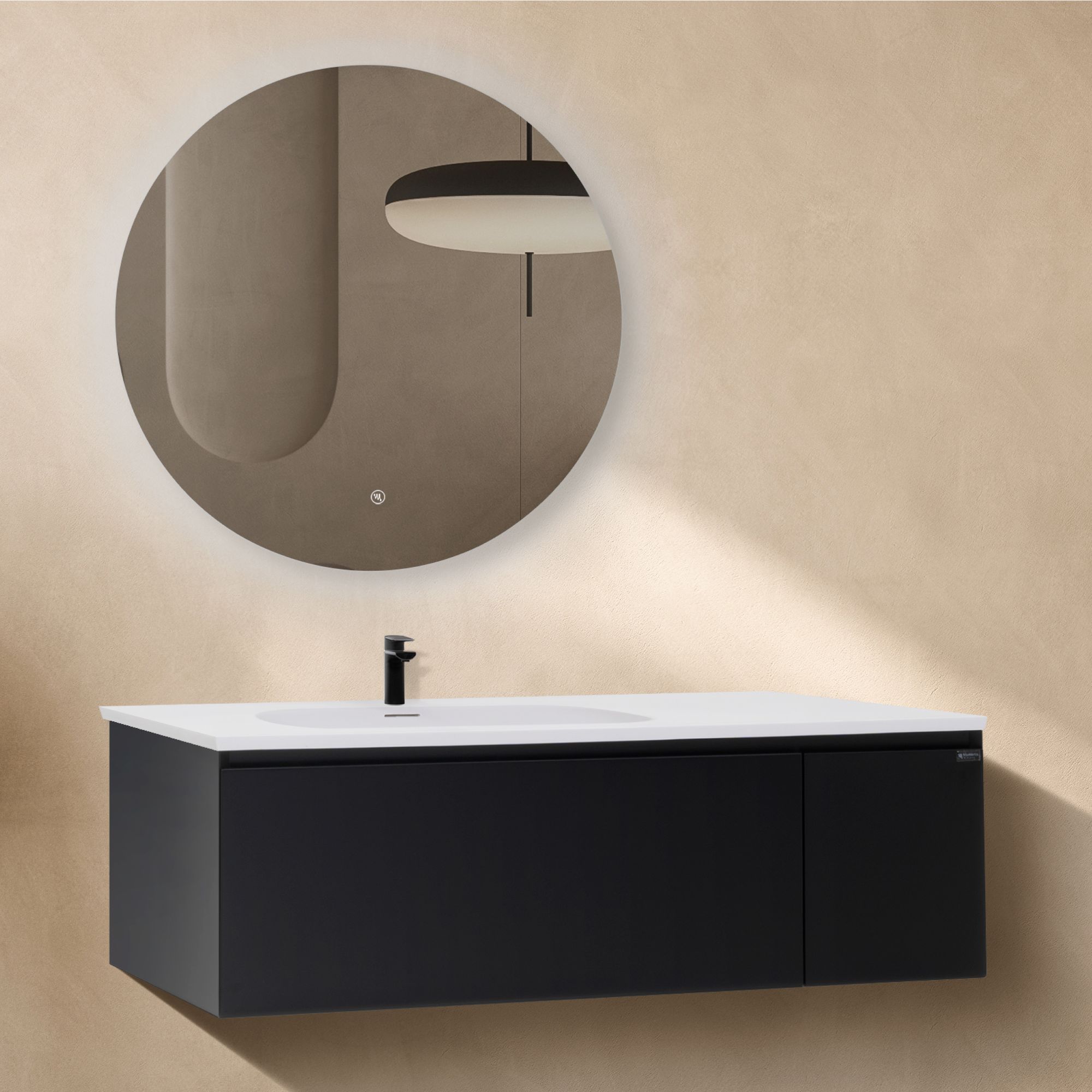 adezimmermöbel Dafne – 120 cm Schwarz Matt, Softclose & runder LED-Spiegel