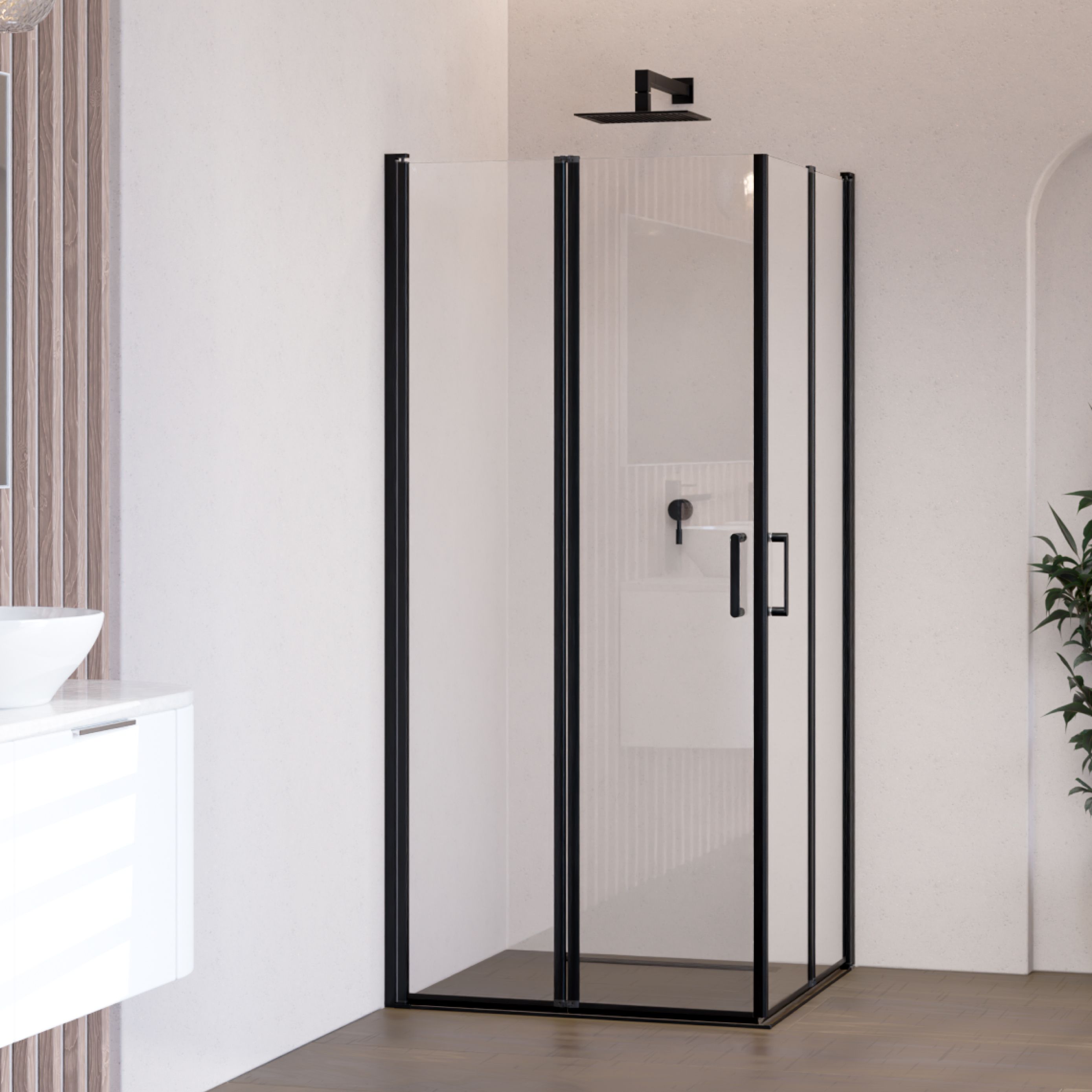 Corner entry Alina with folding doors and black profiles made of ESG safety glass.