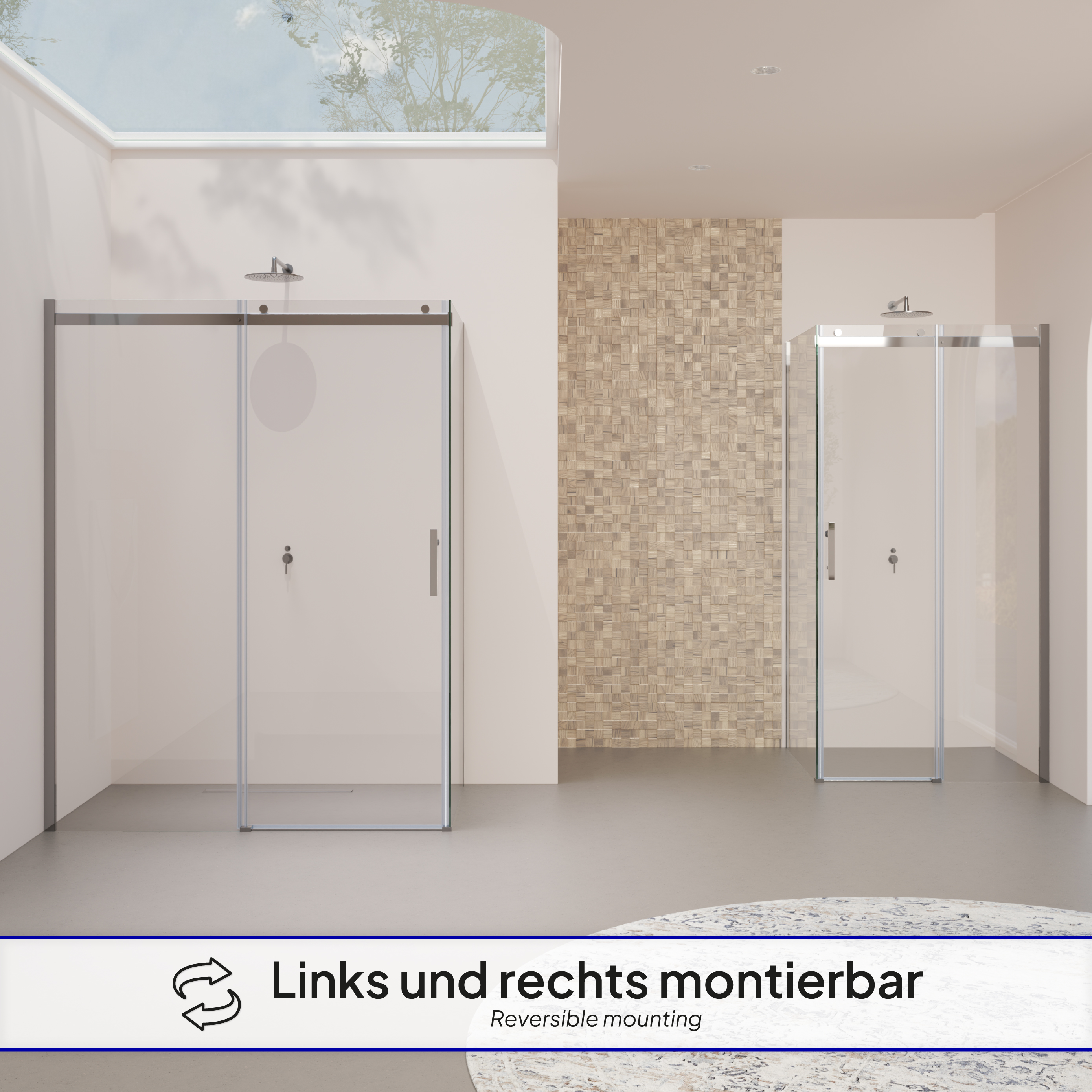 Front-entry Viola with sliding door made of 8 mm tempered safety glass.