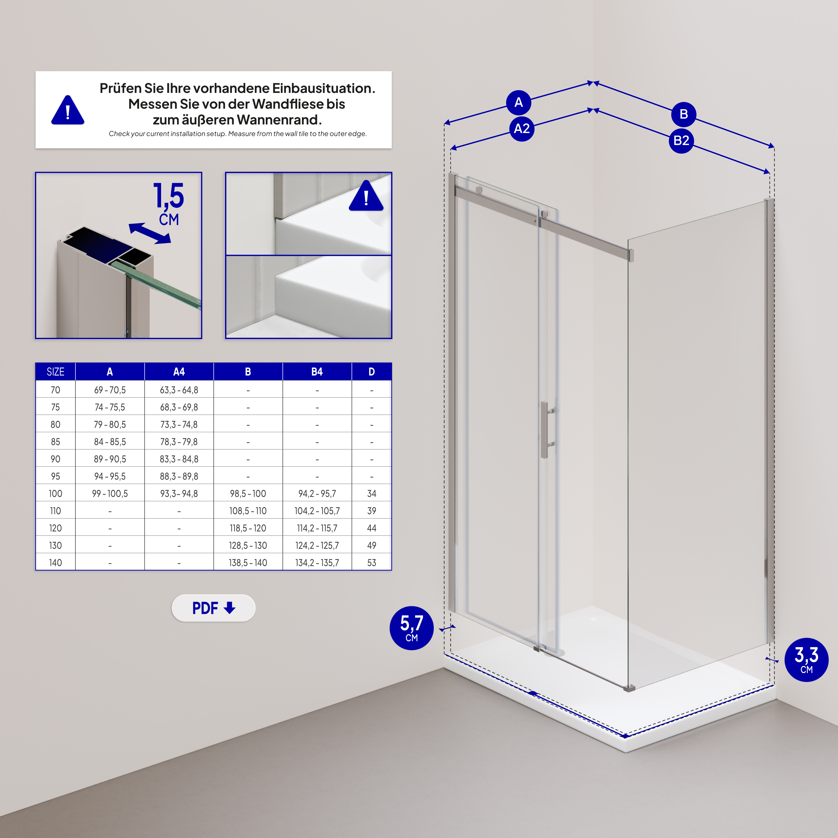 Front-entry Viola with sliding door made of 8 mm tempered safety glass.