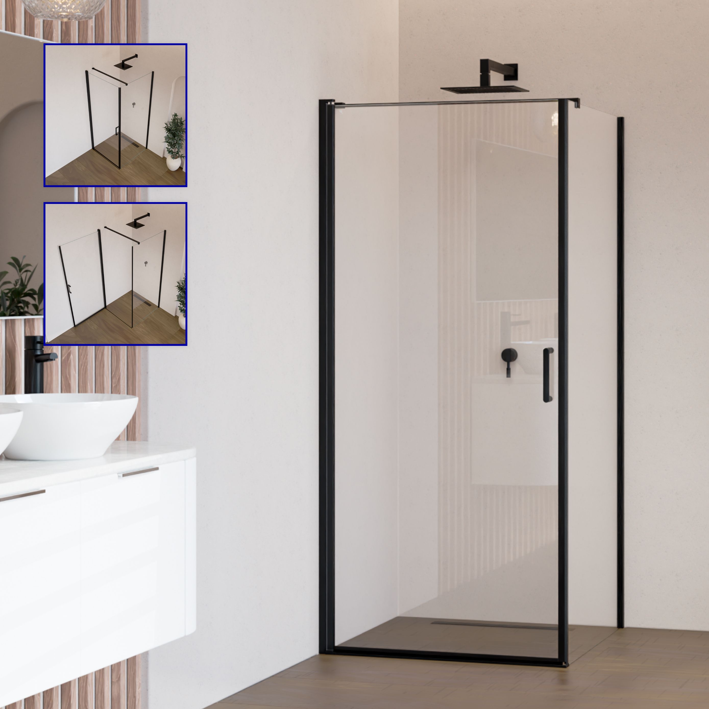 Front-entry Hellen with folding door and black profiles made of ESG safety glass.