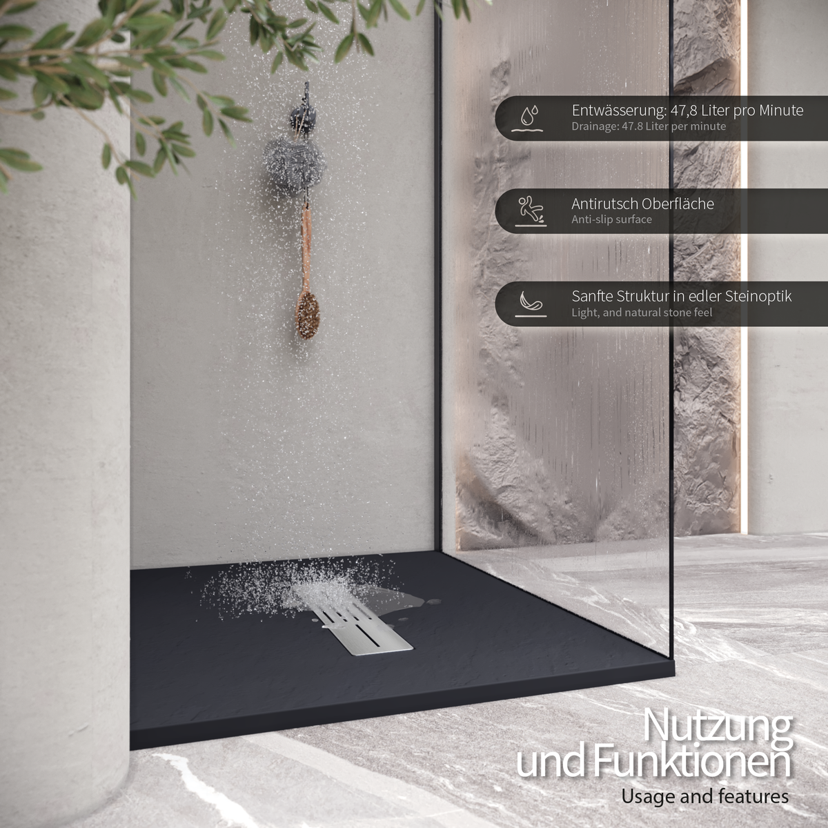 SMC Shower Tray Lumia in Slate Finish with Black Drain Assembly