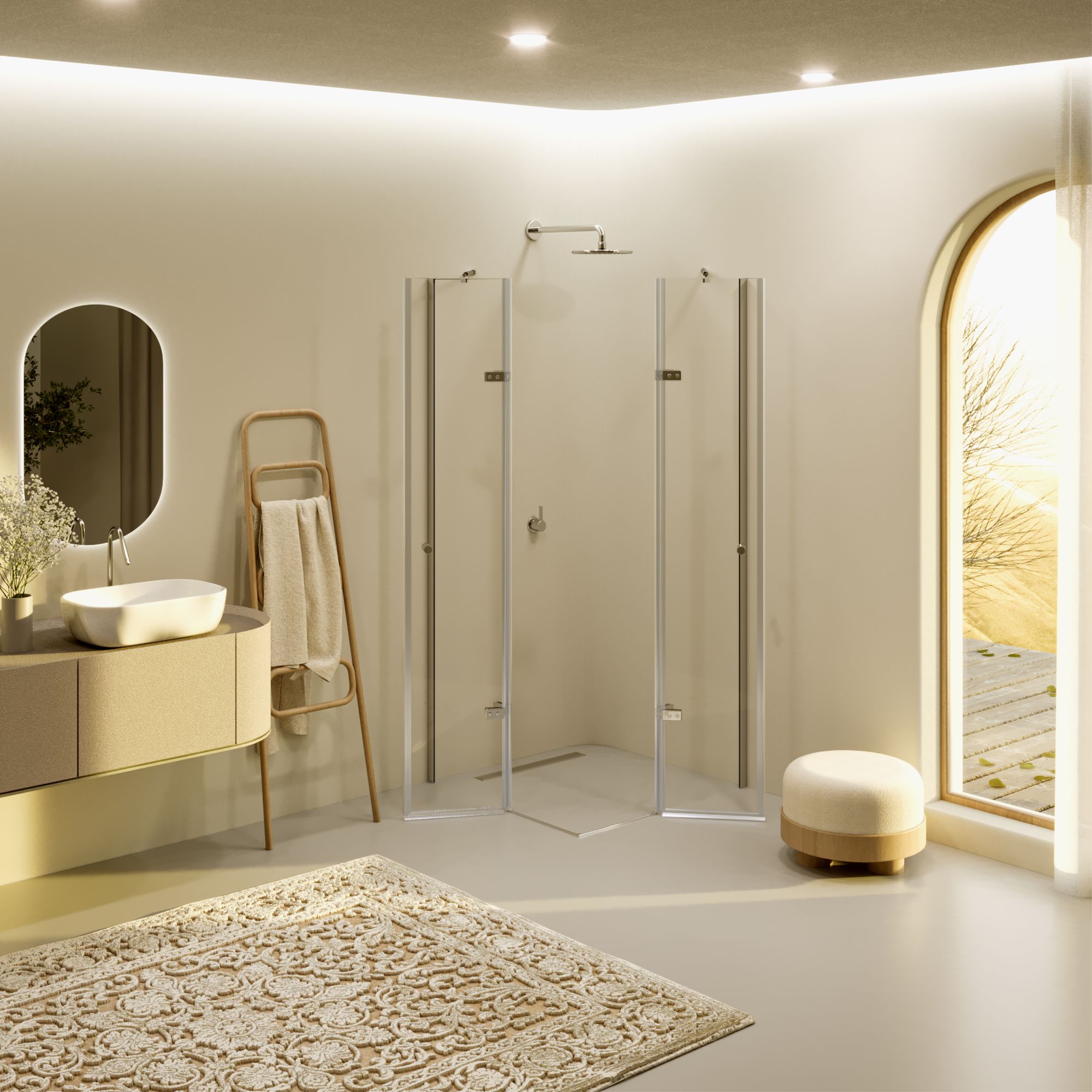 Corner Entry Alice with Folding Doors made of ESG Safety Glass