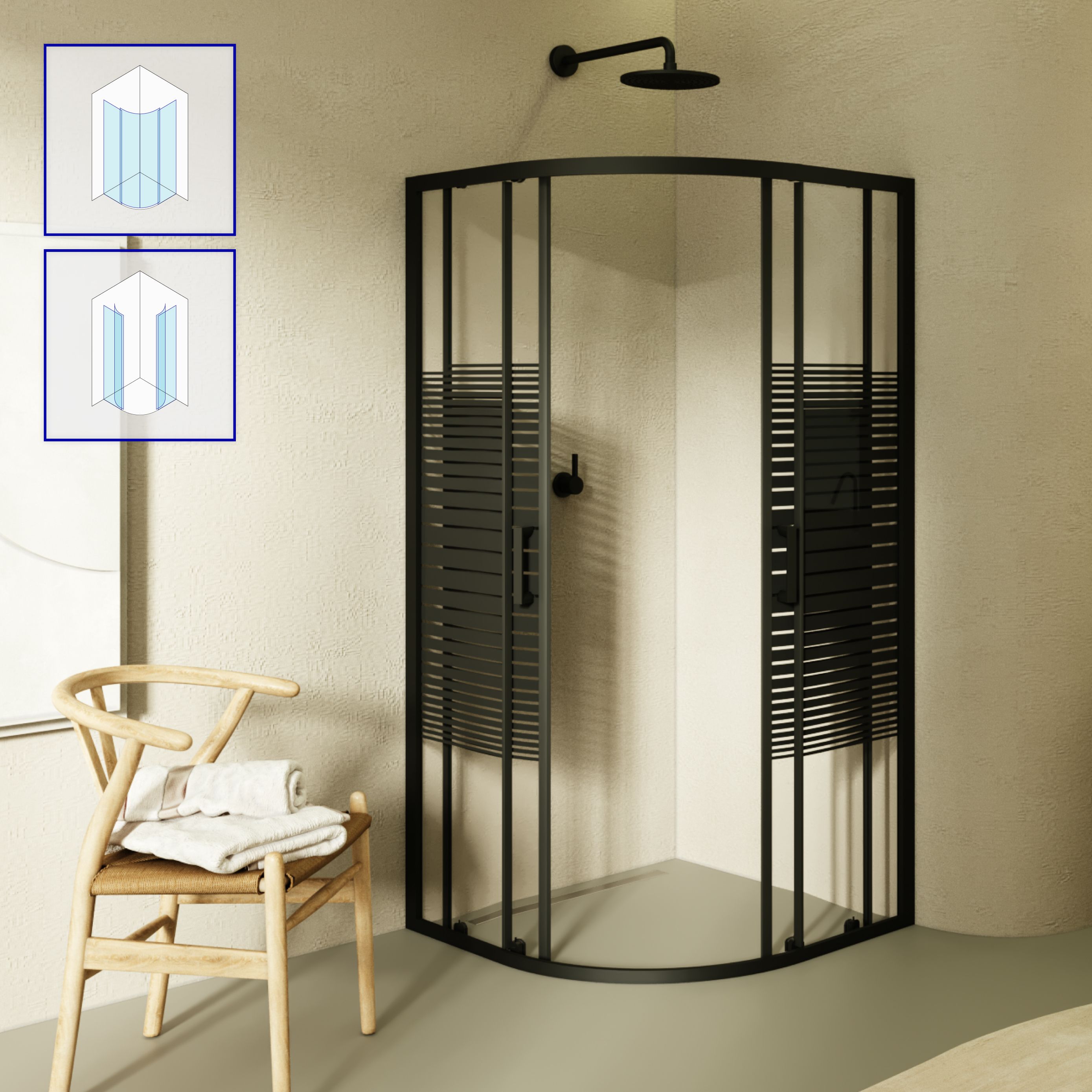 Quarter Circle Shower Ella with Sliding Doors made of Striped ESG Glass and Black Aluminum Profiles