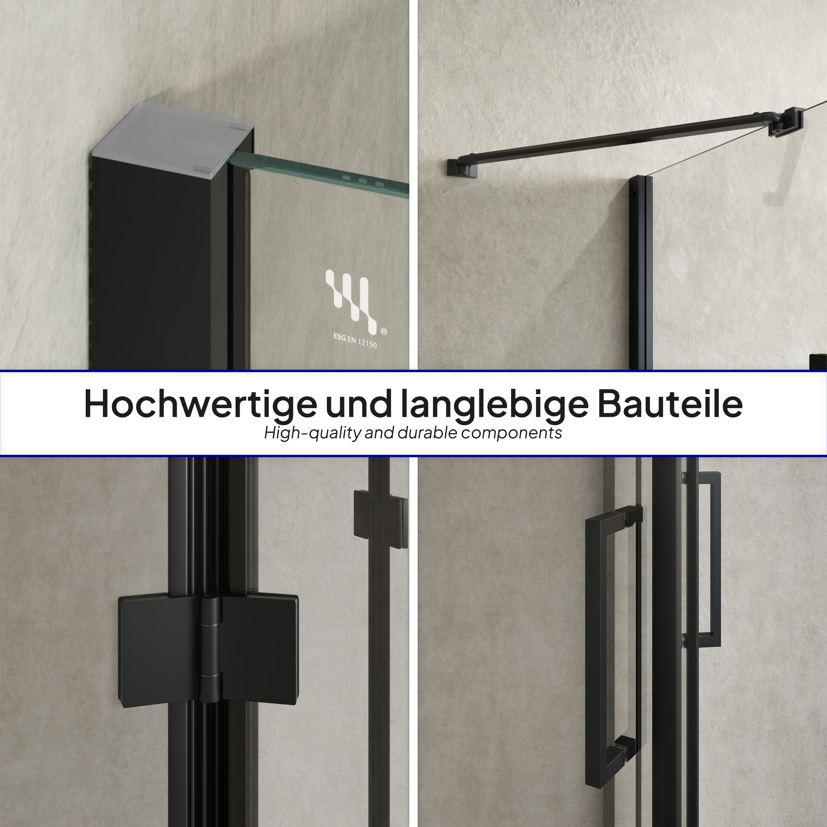 Corner entry Celine with folding doors and black profiles made of ESG safety glass.