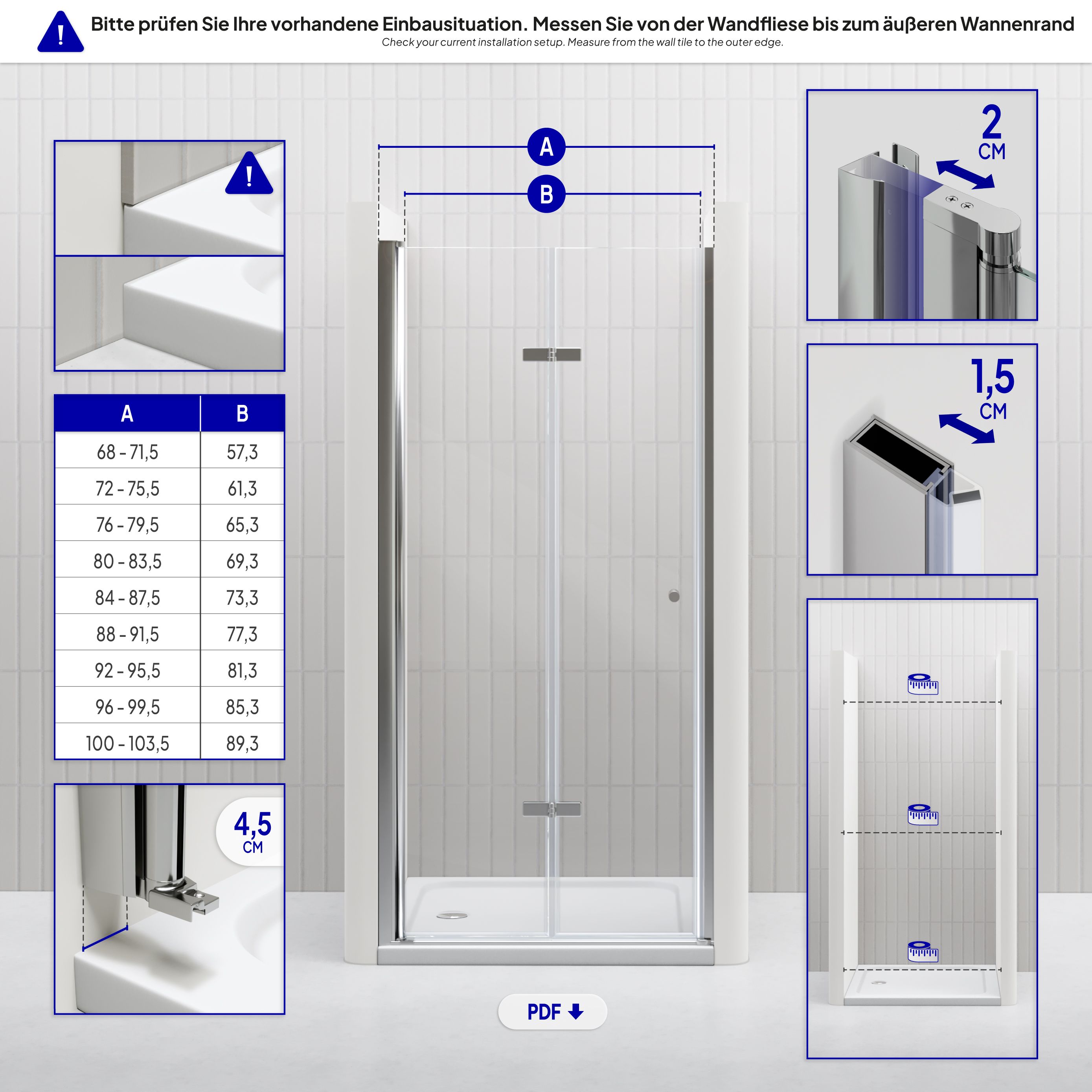 Shower Door Mila with Folding Door made of Clear ESG Safety Glass