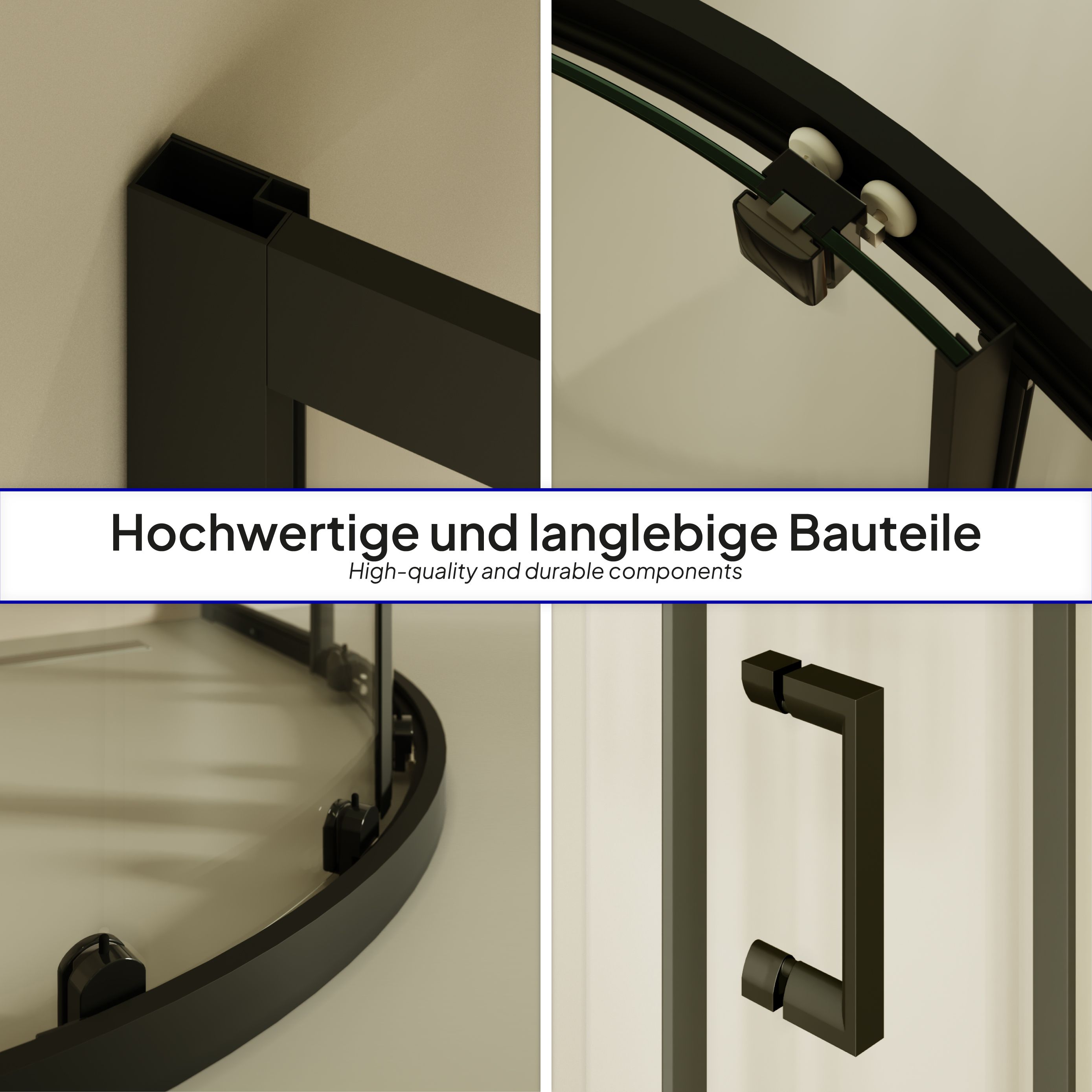 Quarter Circle Shower Ella with Sliding Doors made of Striped ESG Glass and Black Aluminum Profiles