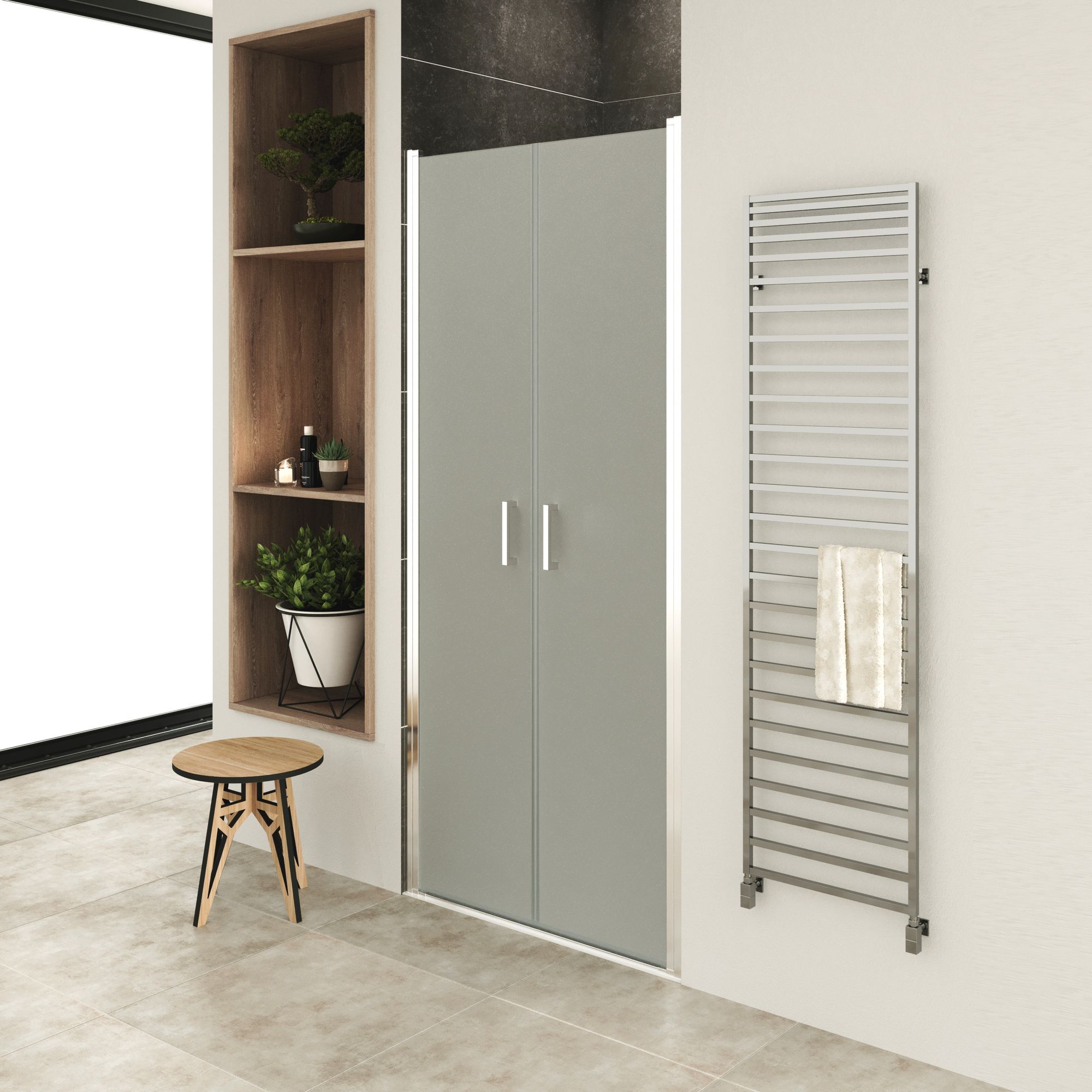 Shower Door Lara with Hinged Doors and Stainless Steel Handles, 68-104 cm, made of Frosted ESG Safety Glass