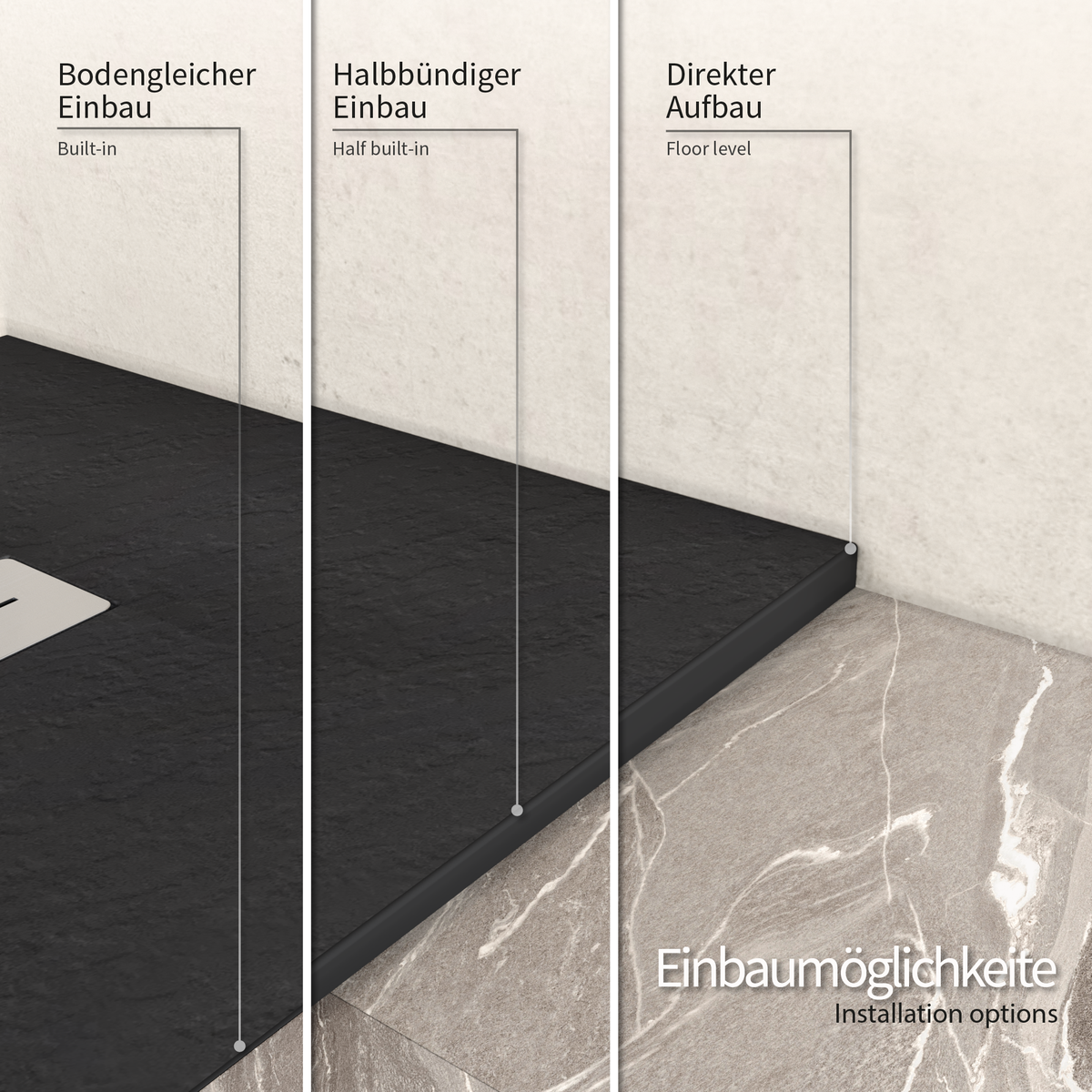SMC Shower Tray Lumia in Slate Finish with Black Drain Assembly