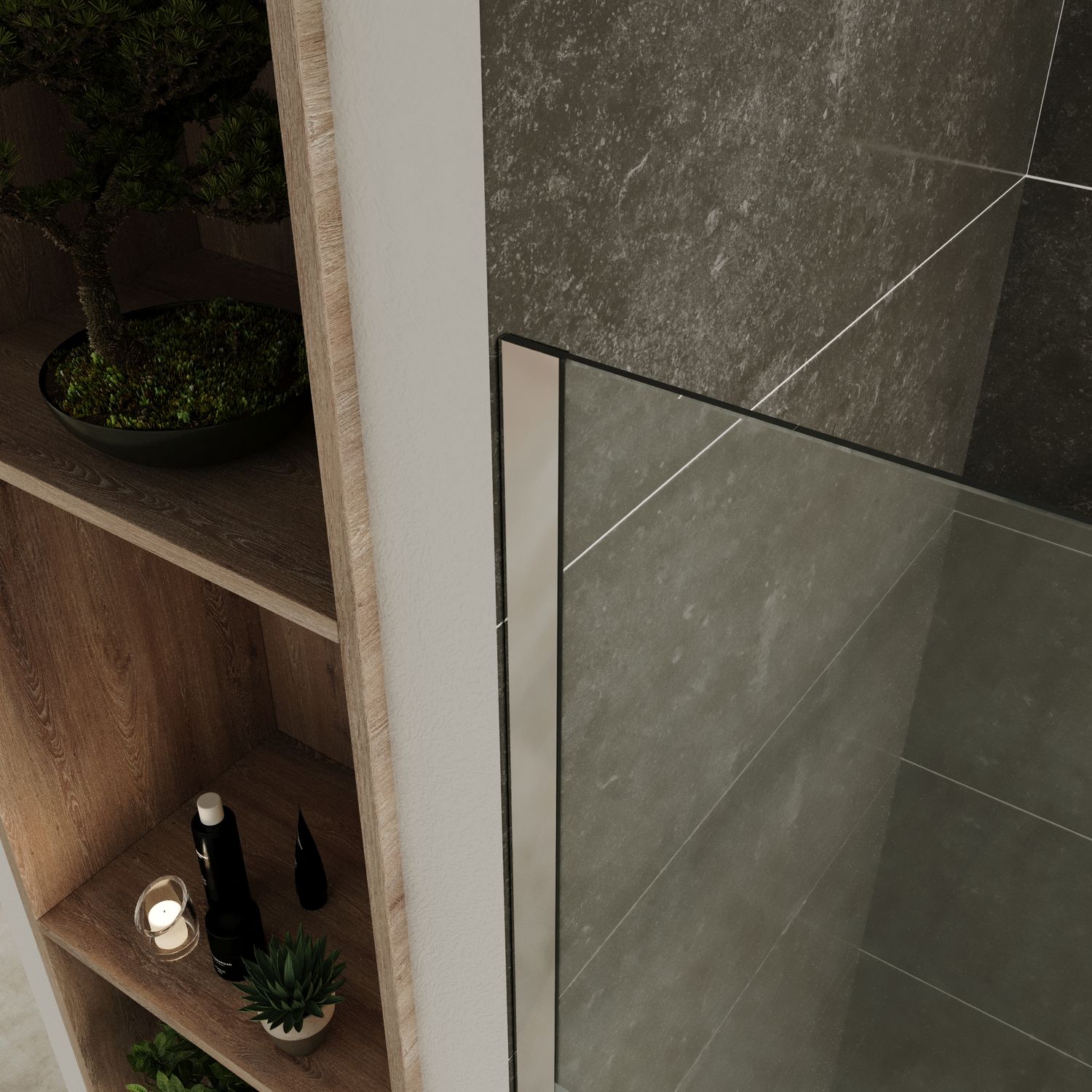 Walk-In Shower Fiona made of 10 mm thick partially frosted ESG safety glass and stainless steel profile.