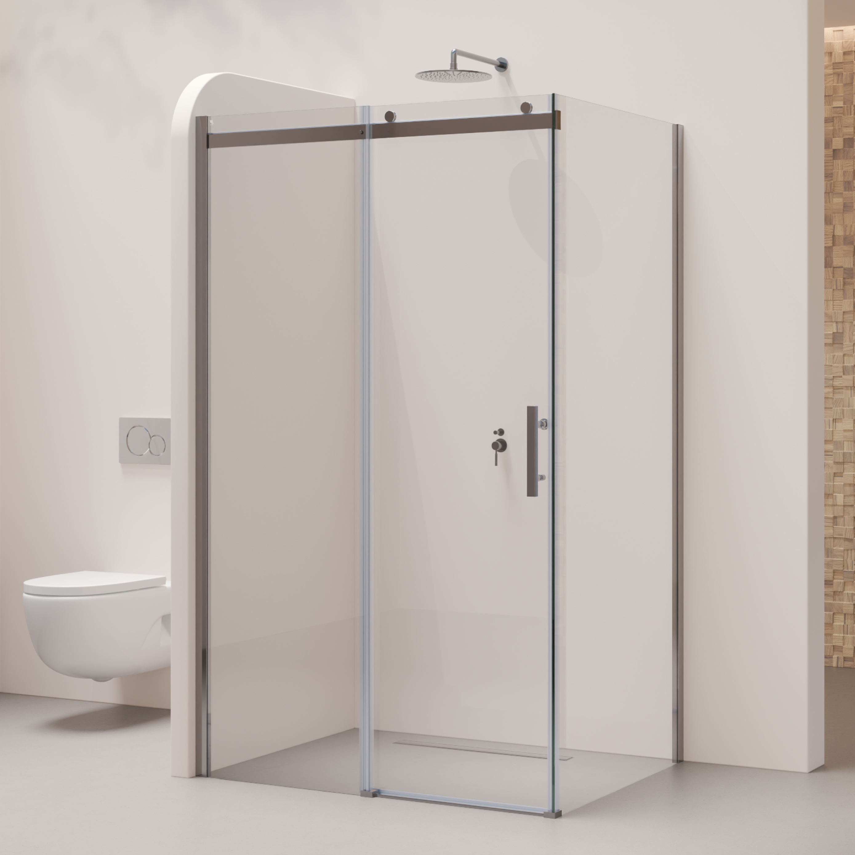 Front-entry Viola with sliding door made of 8 mm tempered safety glass.