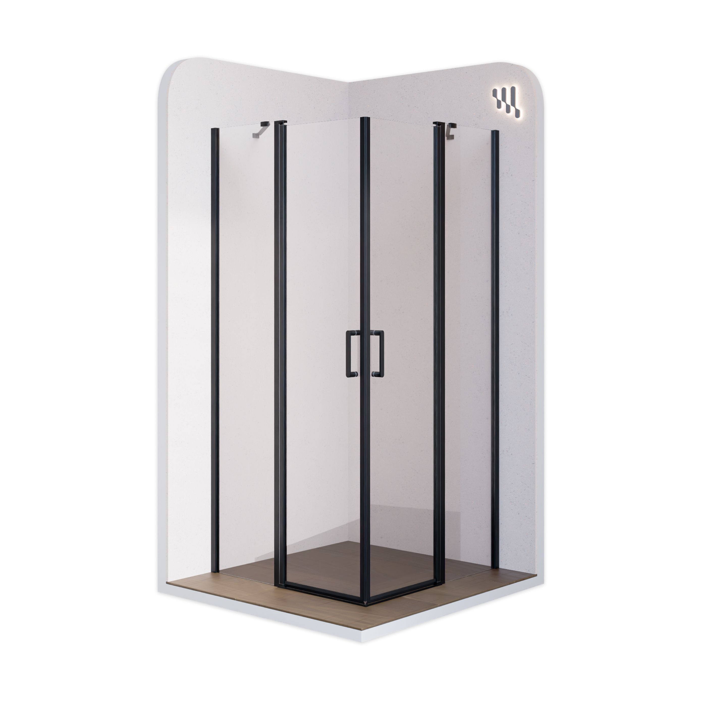 Corner Entry Linda with Folding Doors and Black Profiles Made of ESG Safety Glass