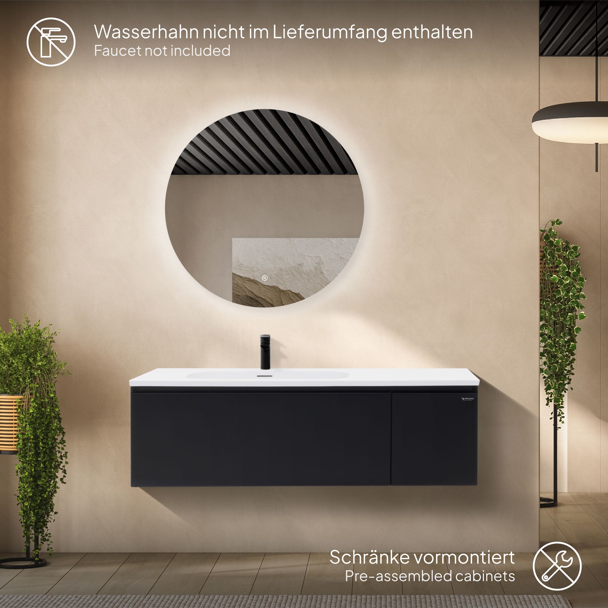 adezimmermöbel Dafne – 120 cm Schwarz Matt, Softclose & runder LED-Spiegel