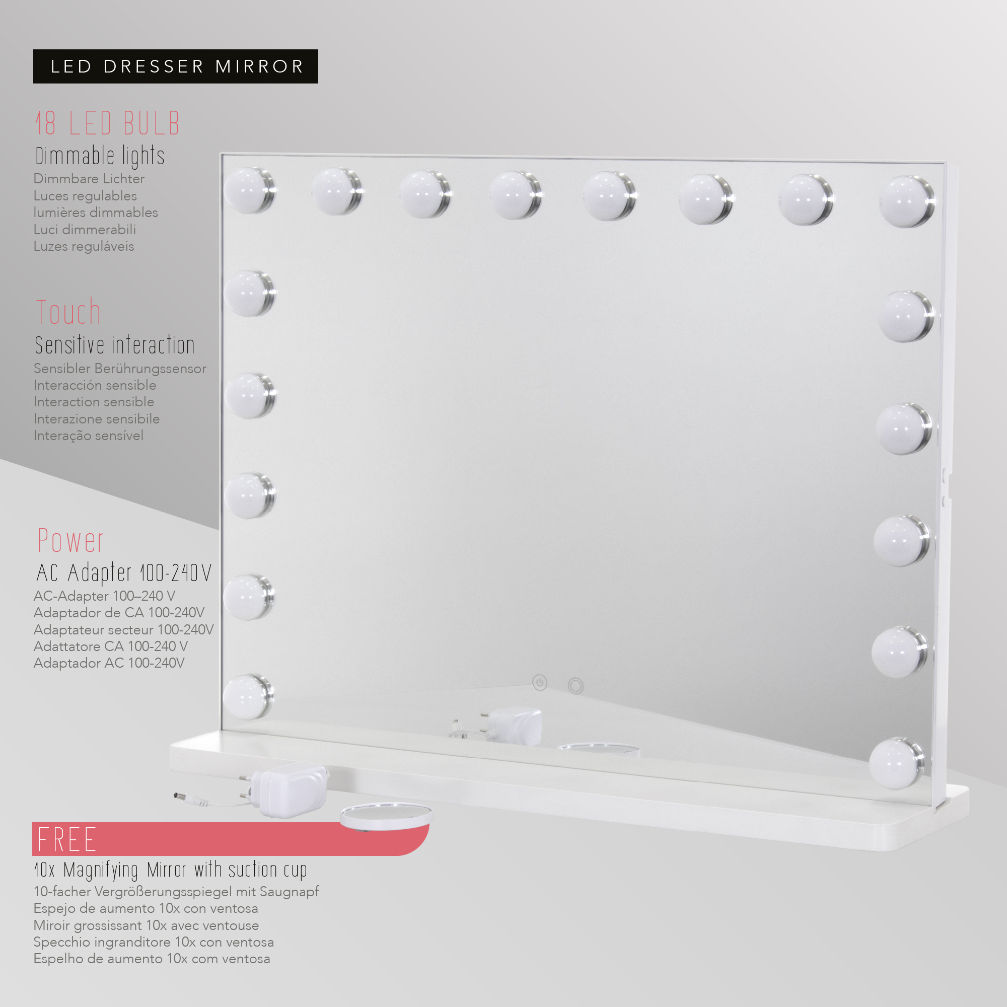 Schminkspiegel Bulb FRAME mit 18  dimmbaren LED-Lampen Weiß