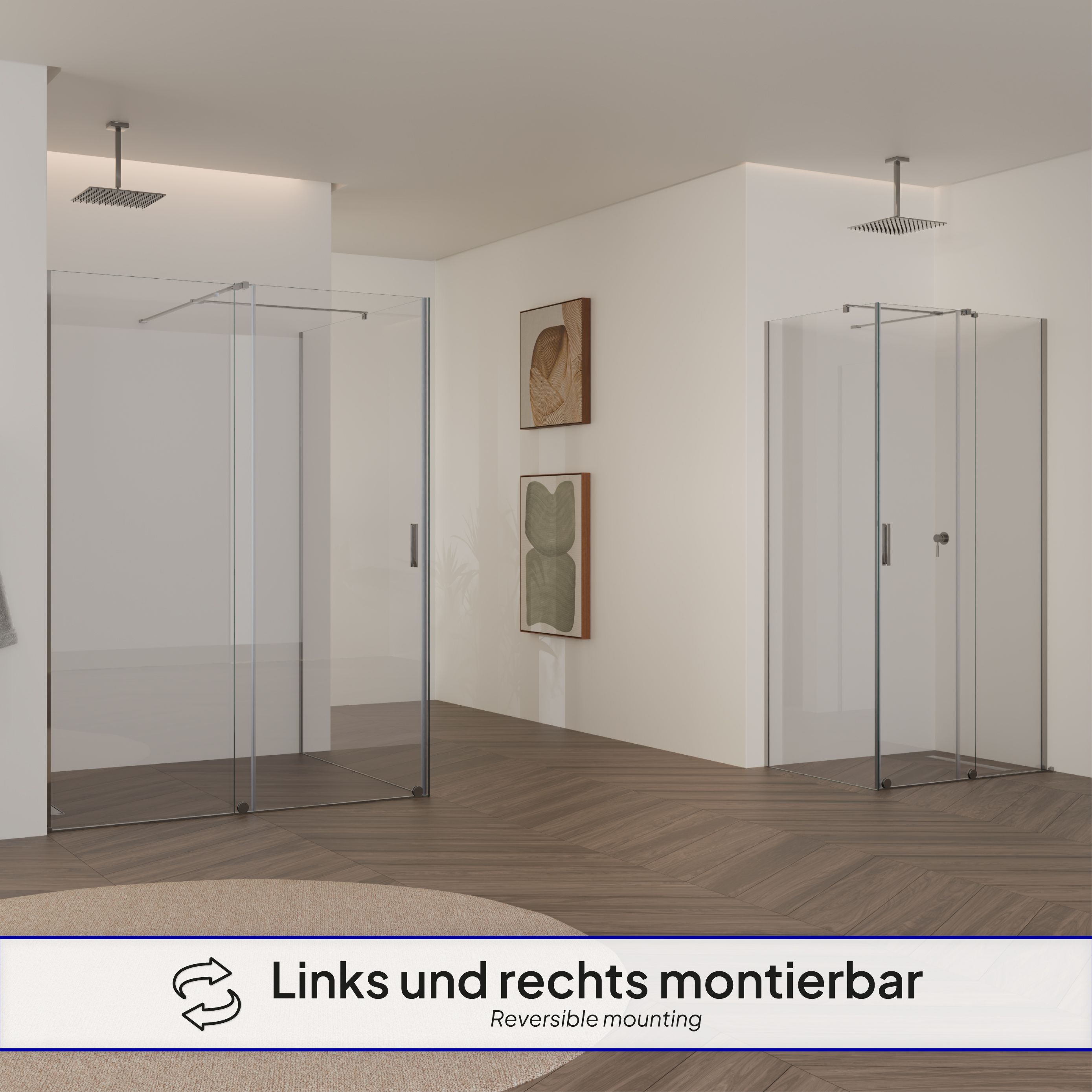 Front-entry NADINE with sliding door in chrome made of 8mm tempered clear glass.