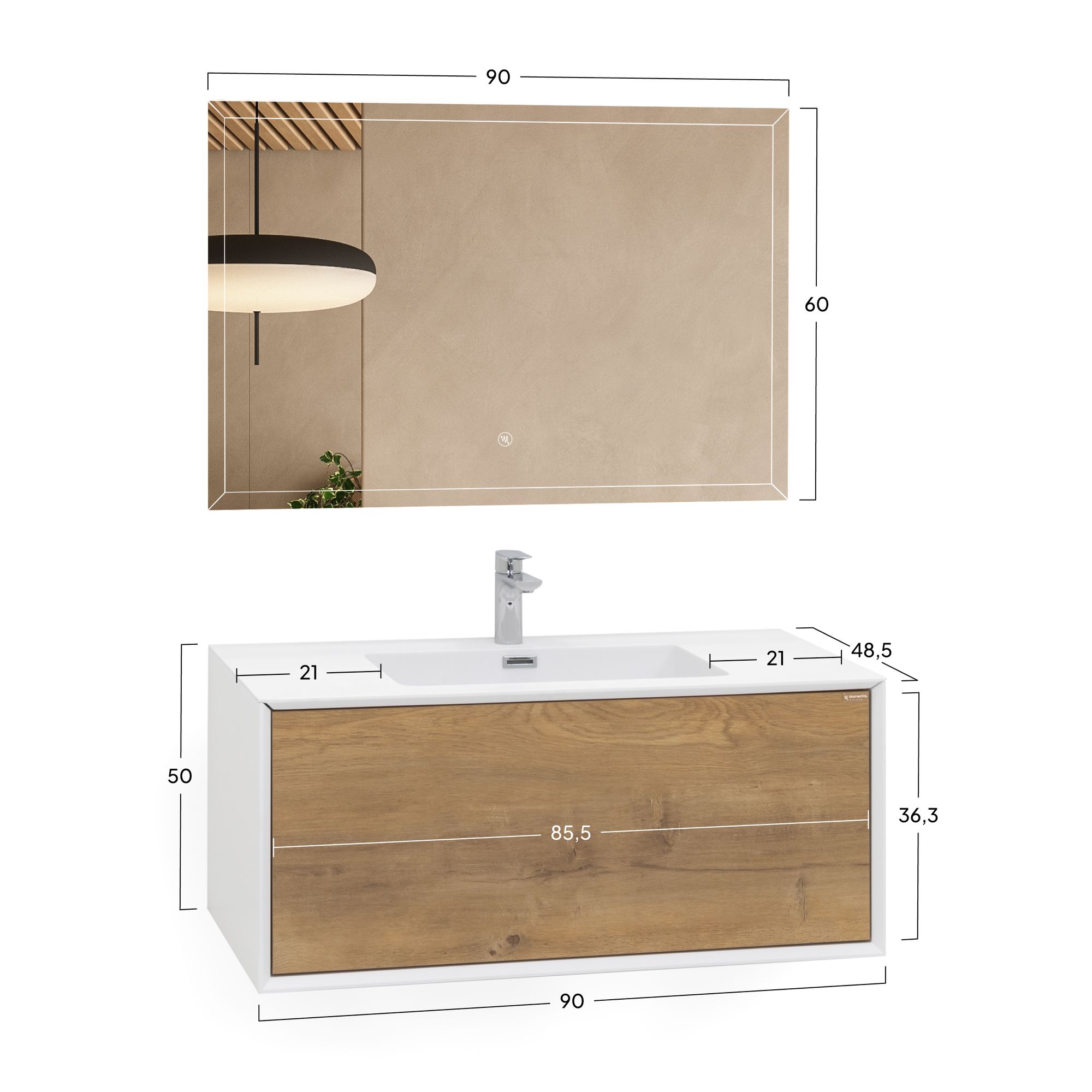 Badmöbelset Hebe 90 cm – Weiß Matt & Eiche, Mineralguss-Waschbecken & LED-Antibeschlag-Spiegel