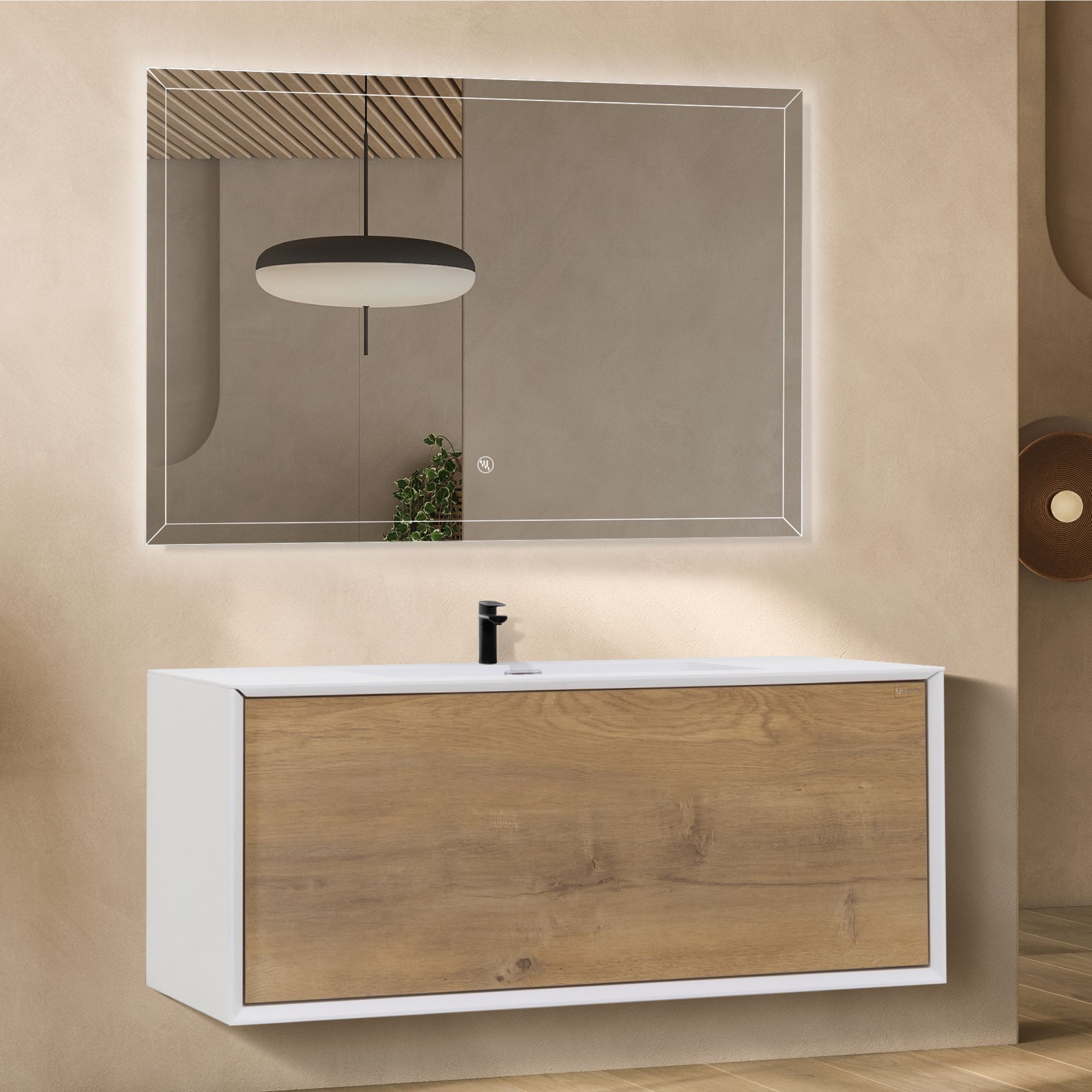 Badmöbelset Hebe 90 cm – Weiß Matt & Eiche, Mineralguss-Waschbecken & LED-Antibeschlag-Spiegel