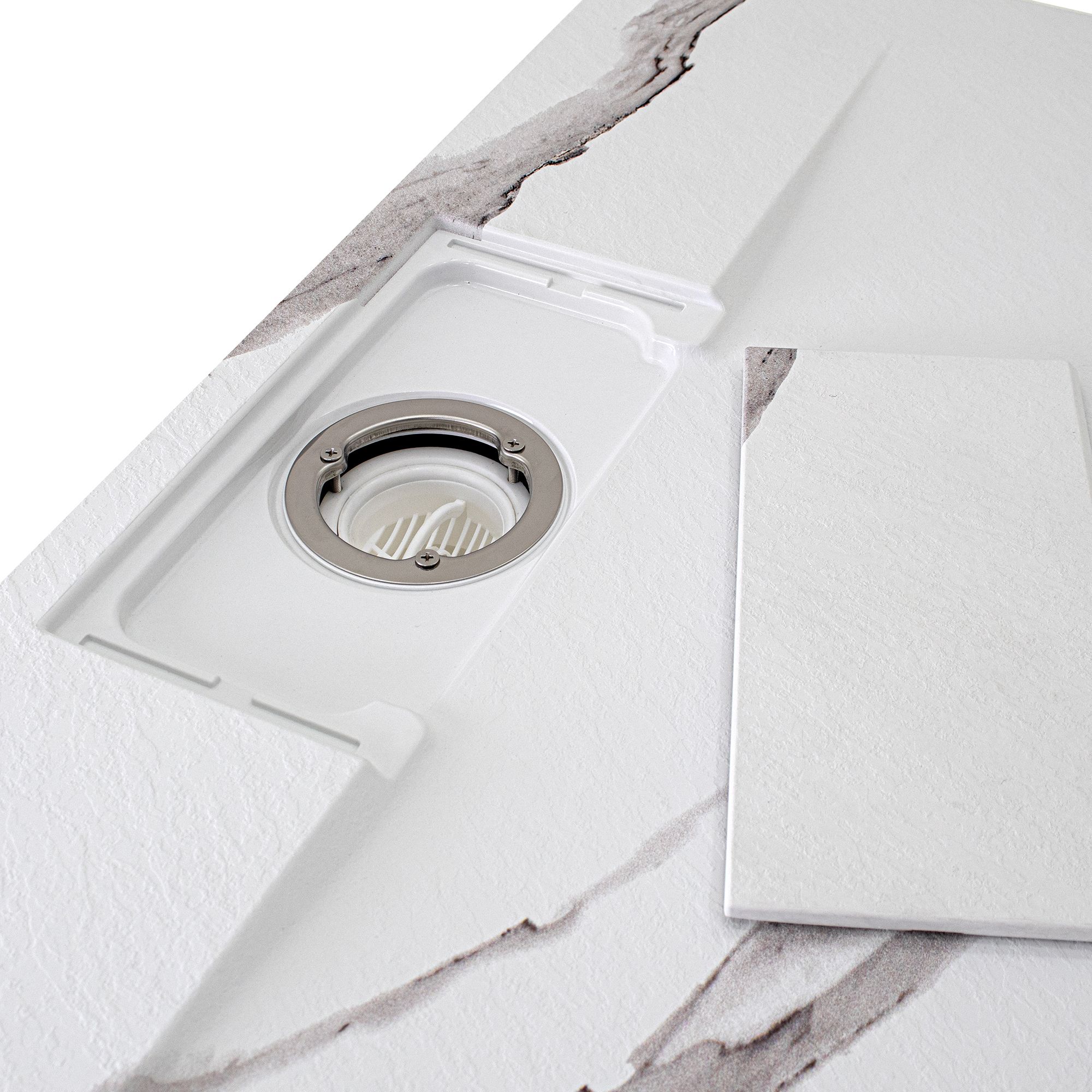 SMC Shower Tray Polar in Marble Look with Drain Assembly - White