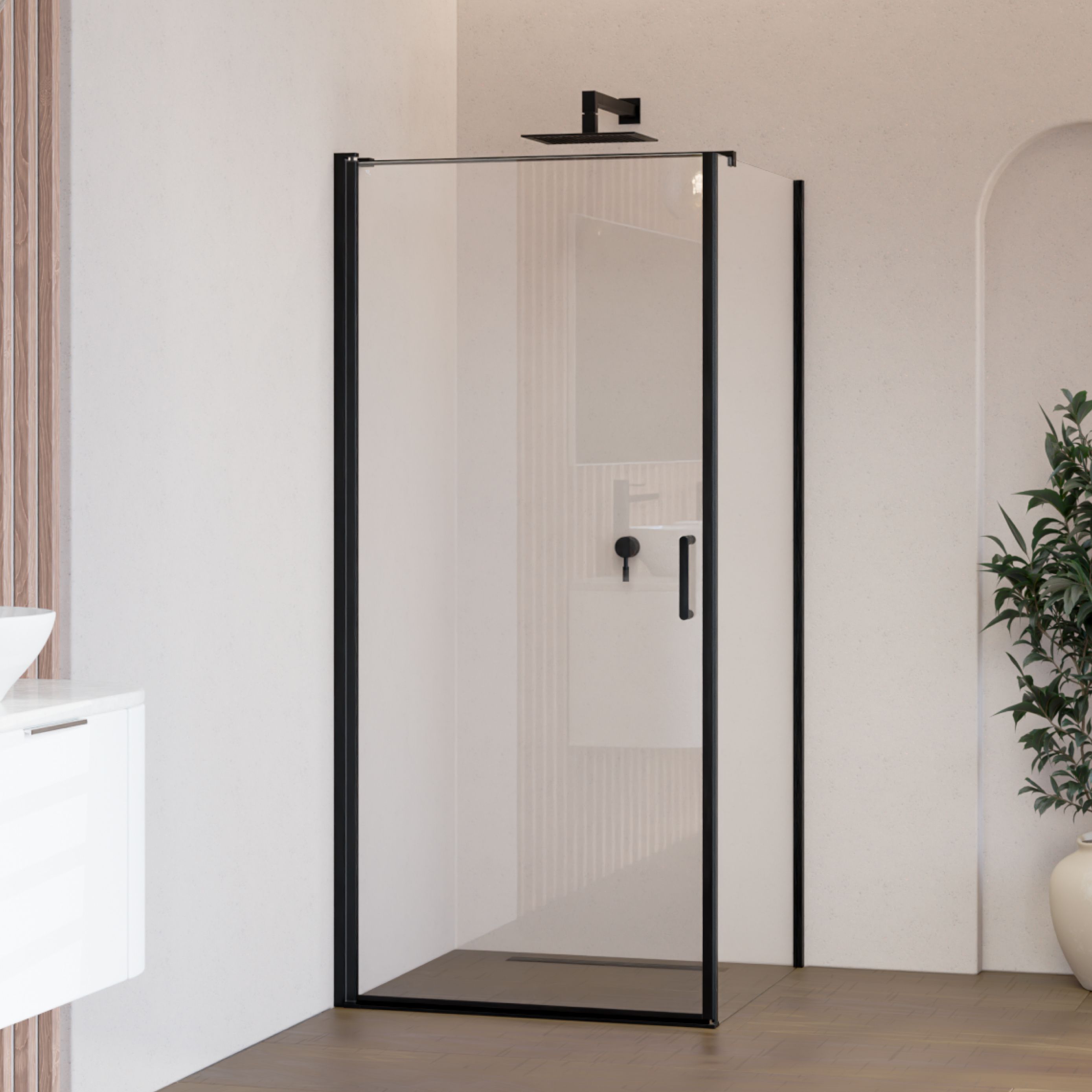 Front-entry Hellen with folding door and black profiles made of ESG safety glass.