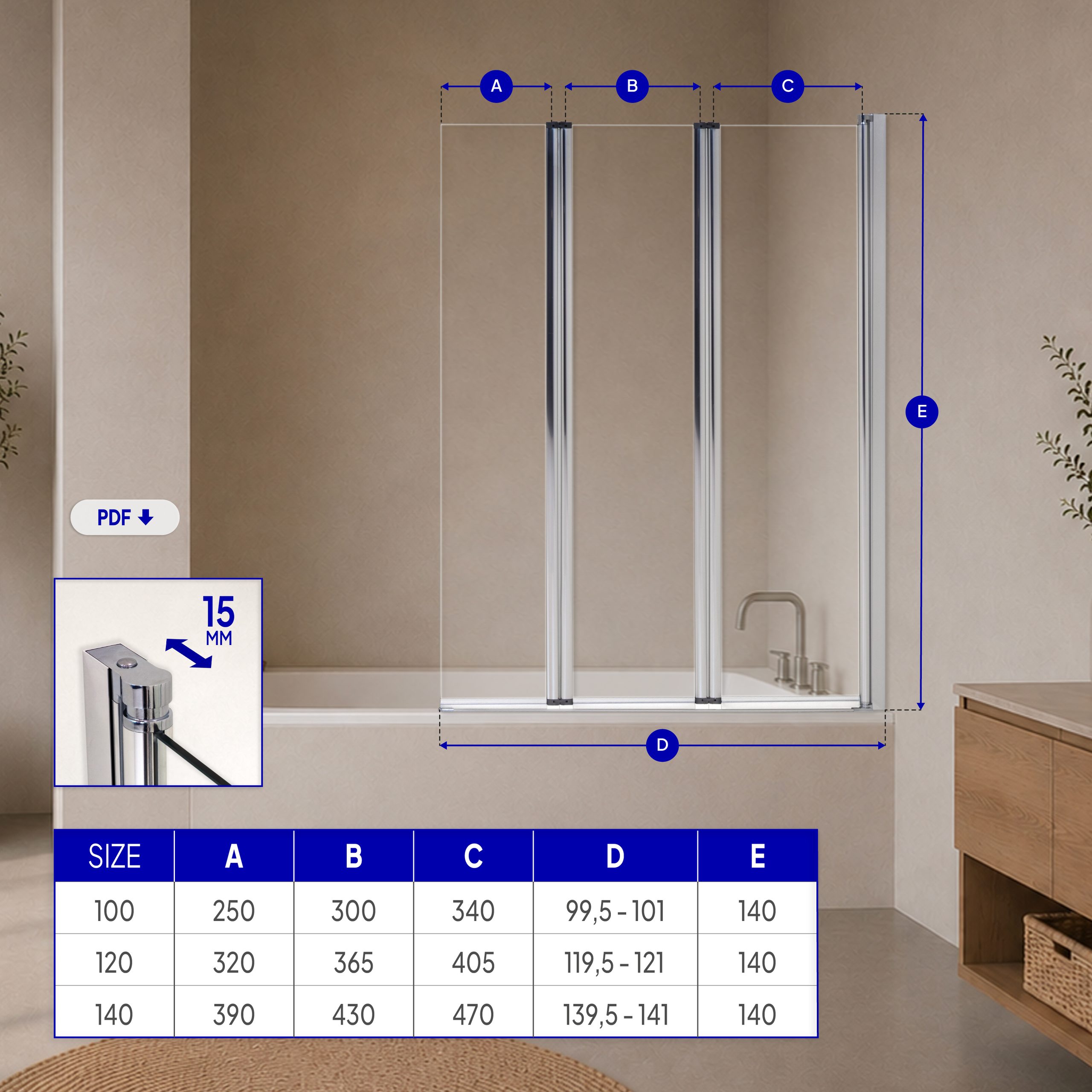 Badewannenabtrennung Petra, 3-teilig faltbar und pendelbar mit 6 mm ESG Klarglas und verchromten Profilen