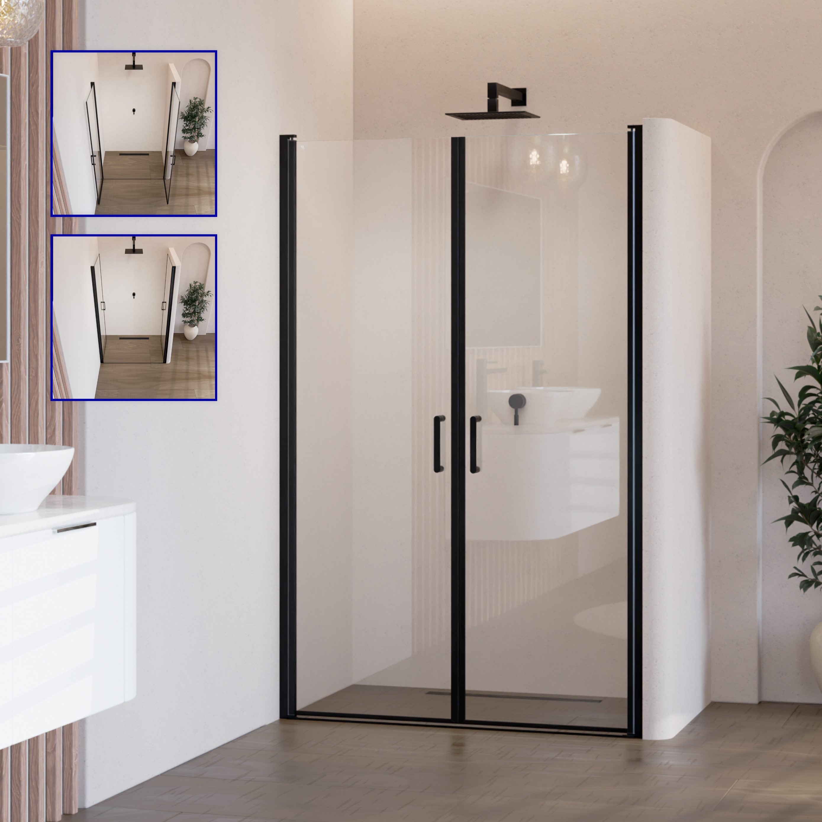 Shower Door Stella Black with Hinged Doors and Black Profiles Made of ESG Safety Glass