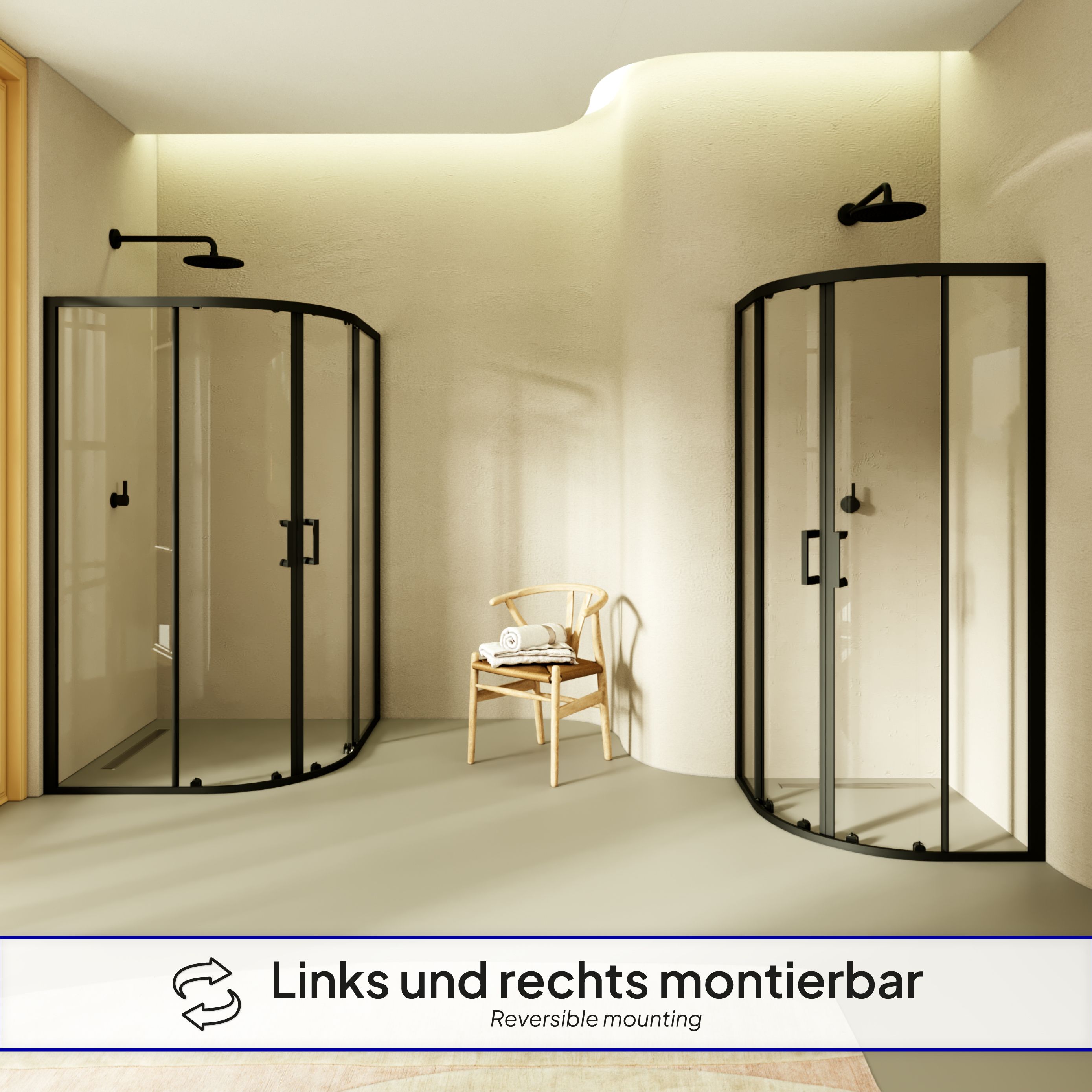 Quarter Circle Shower Ella with Sliding Doors and Black Profiles Made of ESG Safety Glass