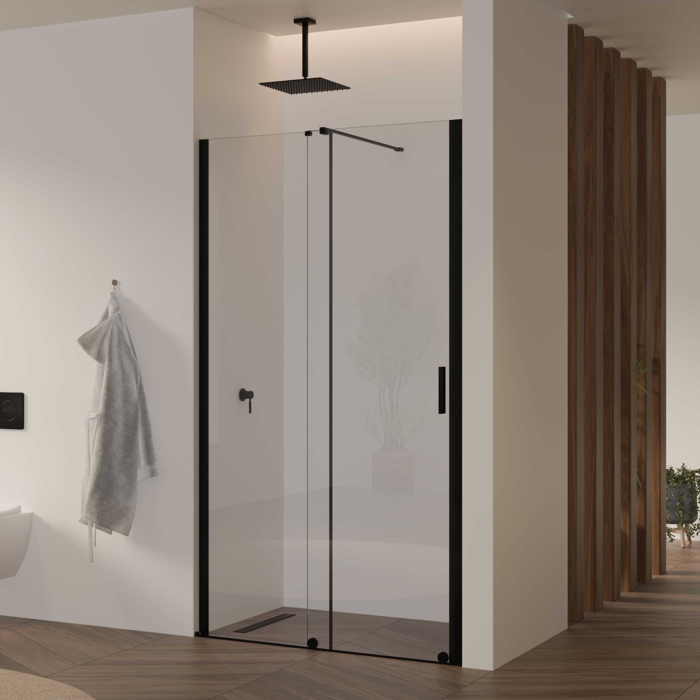 Shower Door Niche Door NADINE with Sliding Door in Black made of 8mm Tempered Clear Glass