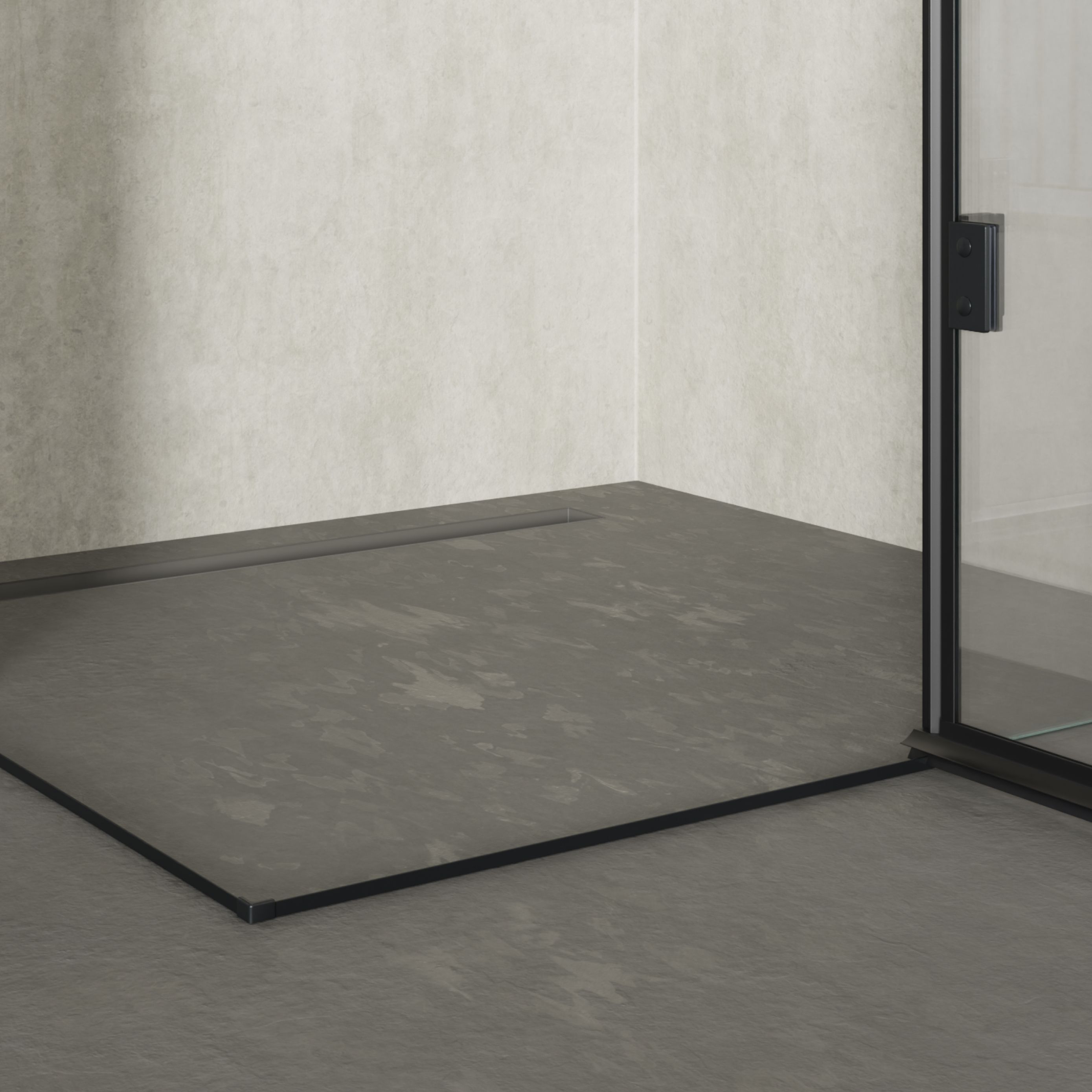 Corner entry Celine with folding doors and black profiles made of ESG safety glass.