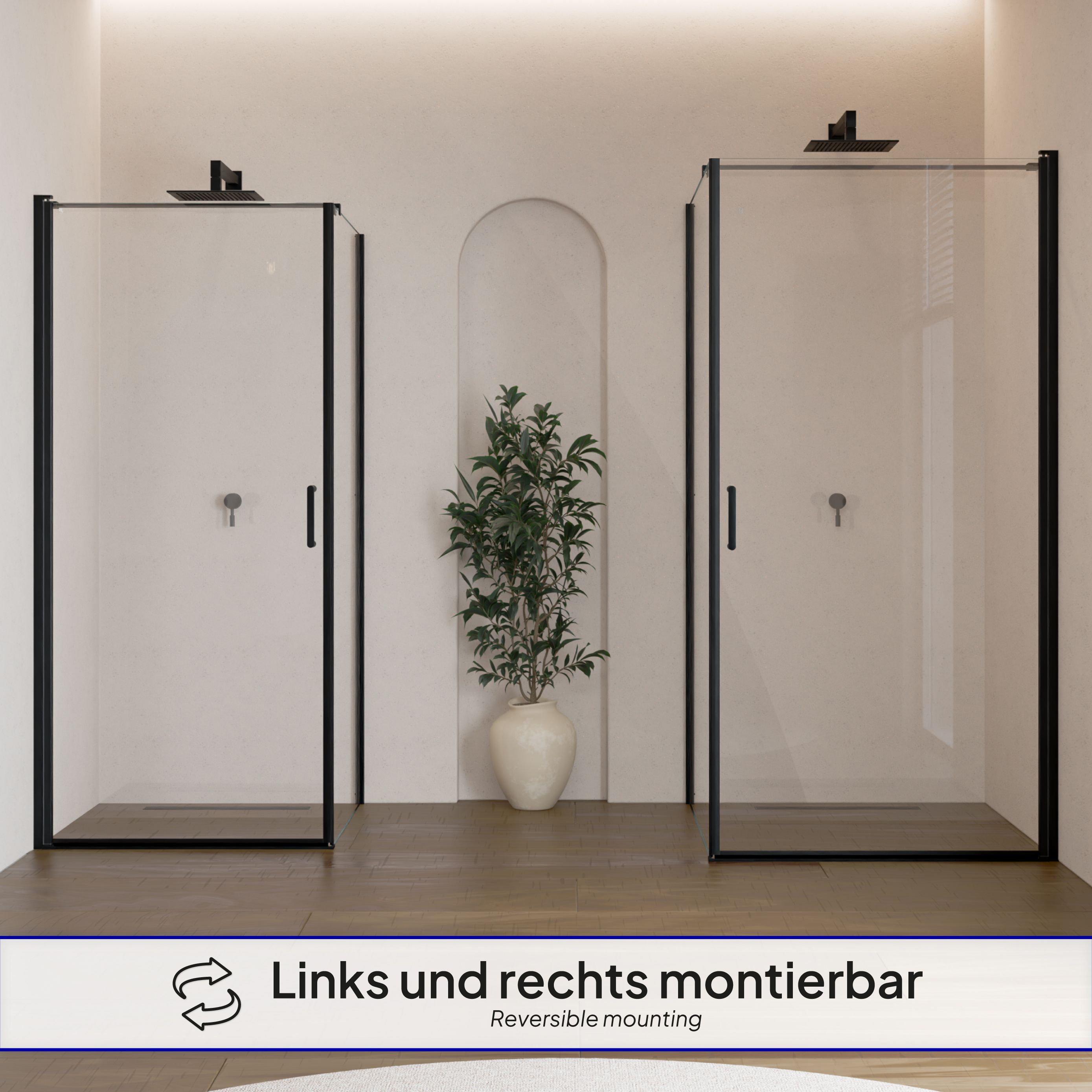 Front-entry Hellen with folding door and black profiles made of ESG safety glass.