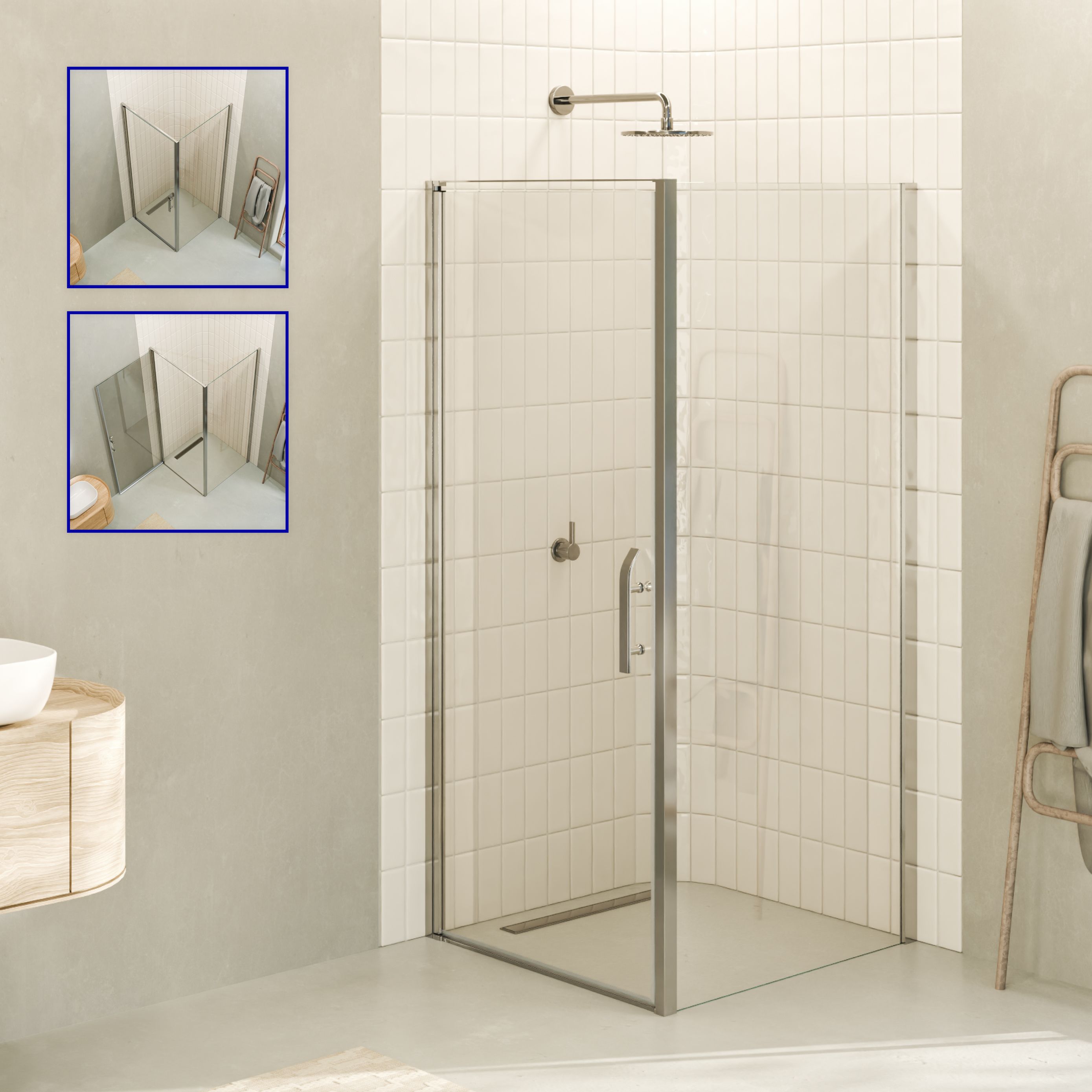 Front-entry Nicole with folding door made of 8 mm tempered safety glass.