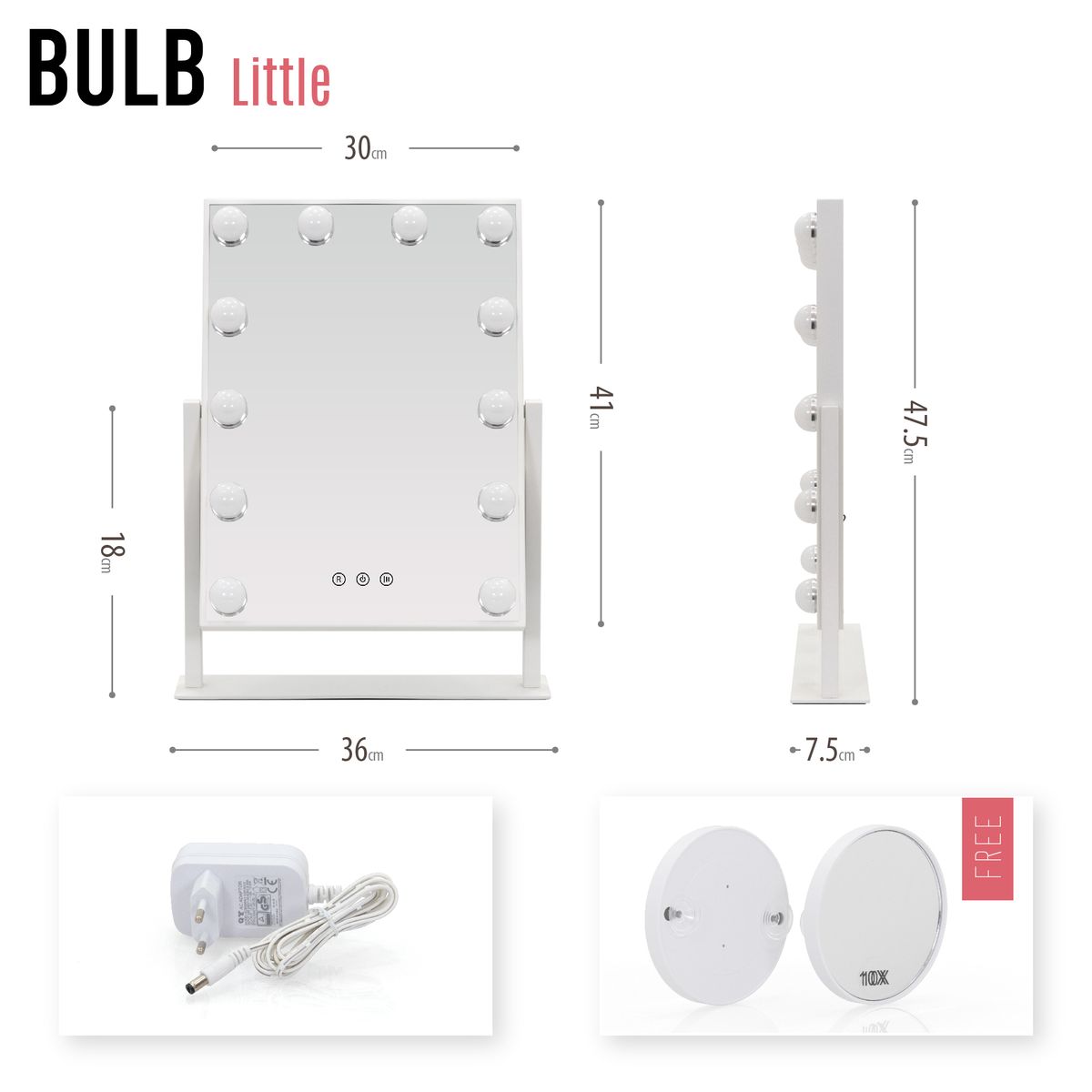 Schminkspiegel Bulb LITTLE mit 12  dimmbaren LED-Lampen Weiß