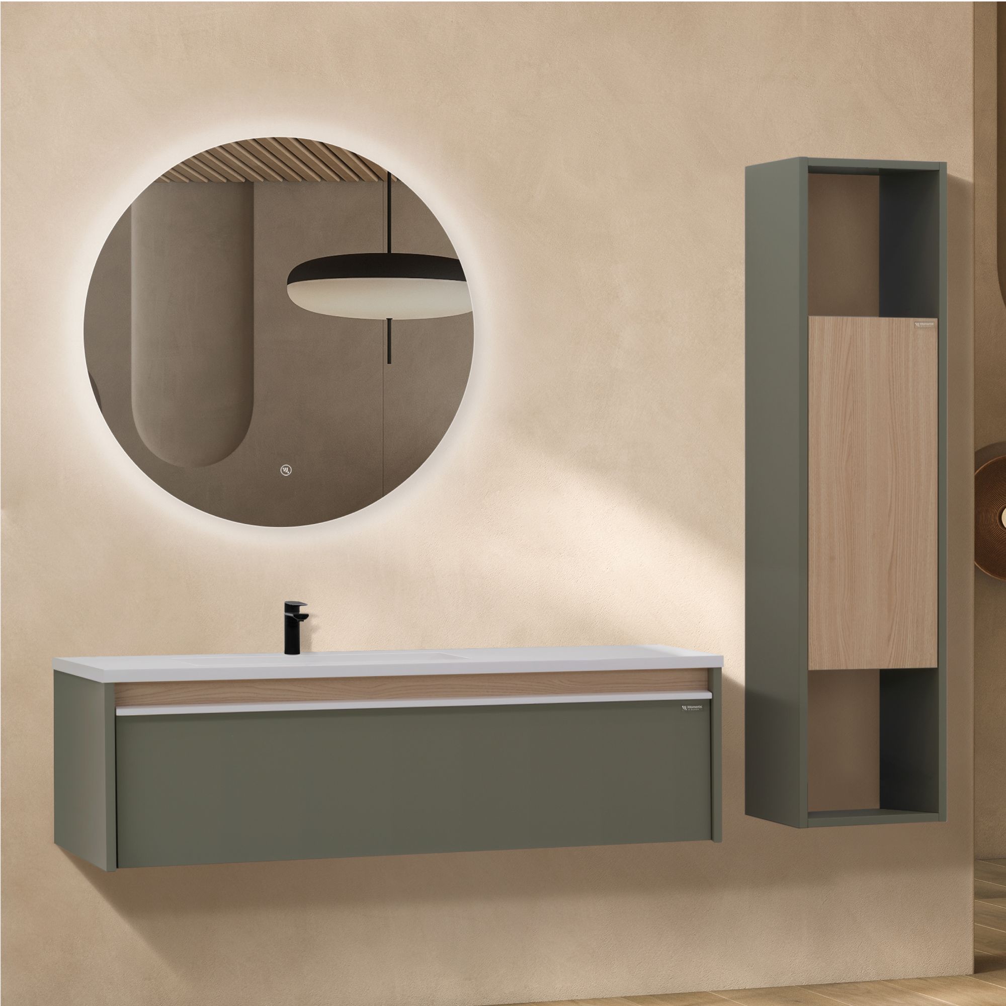 Badezimmermöbel Nereia – 100 cm Unterschrank Eiche hell + LED-Rundspiegel